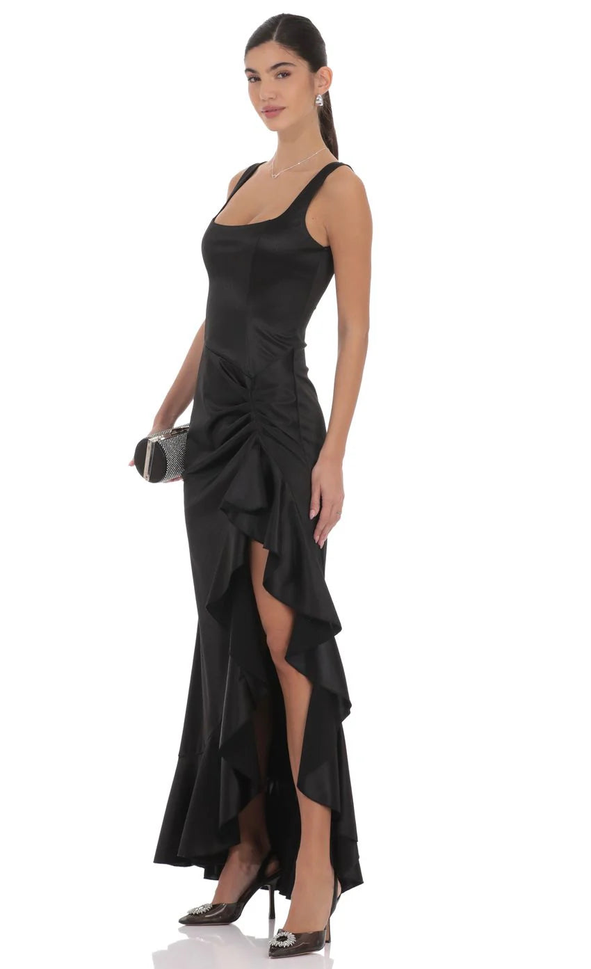 Satin Ruched Ruffle Slit Maxi Dress in Black