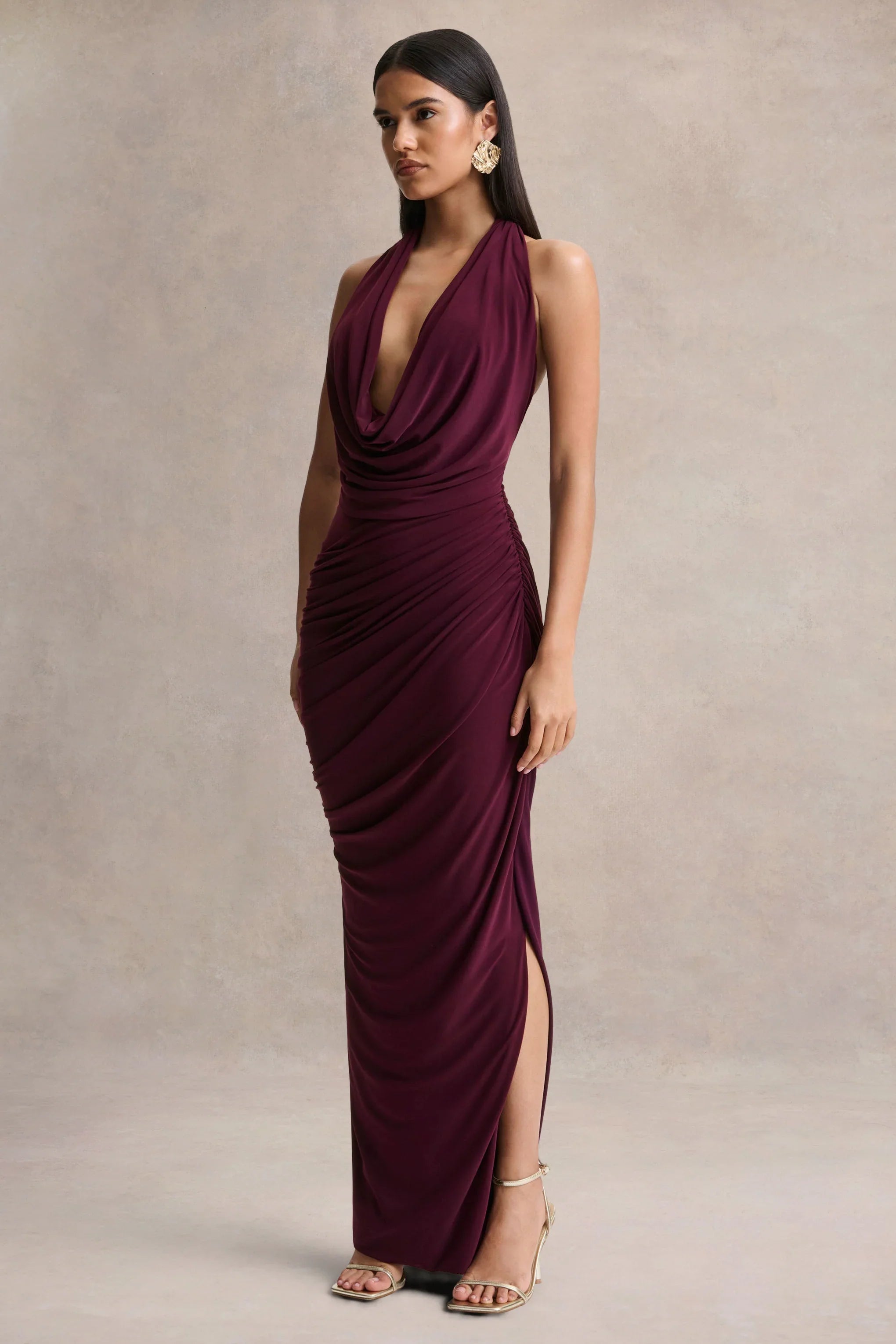 Cairo Burgundy Cowl Neck Maxi Dress With Gathered Detailing