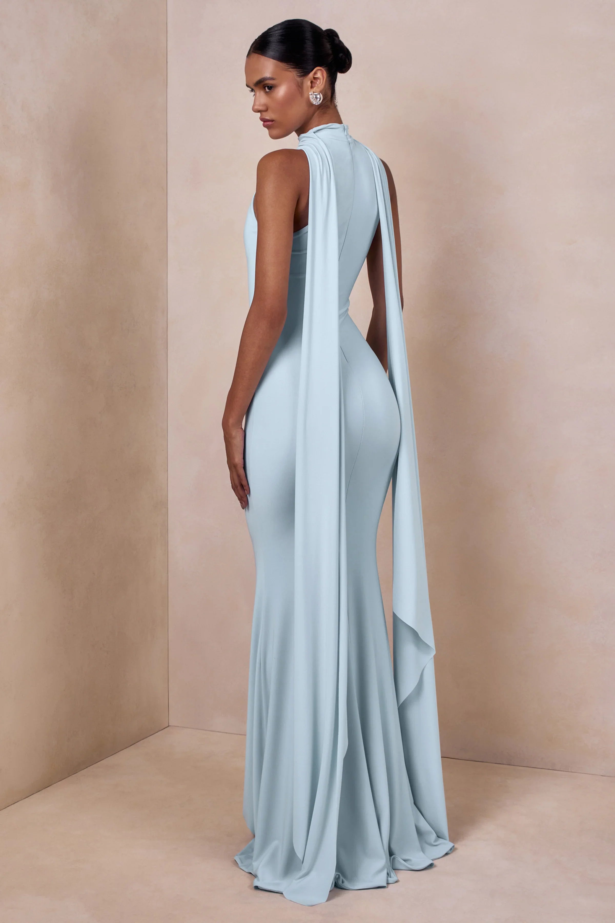 Cordy Powder Blue High Neck Maxi Dress With Cape