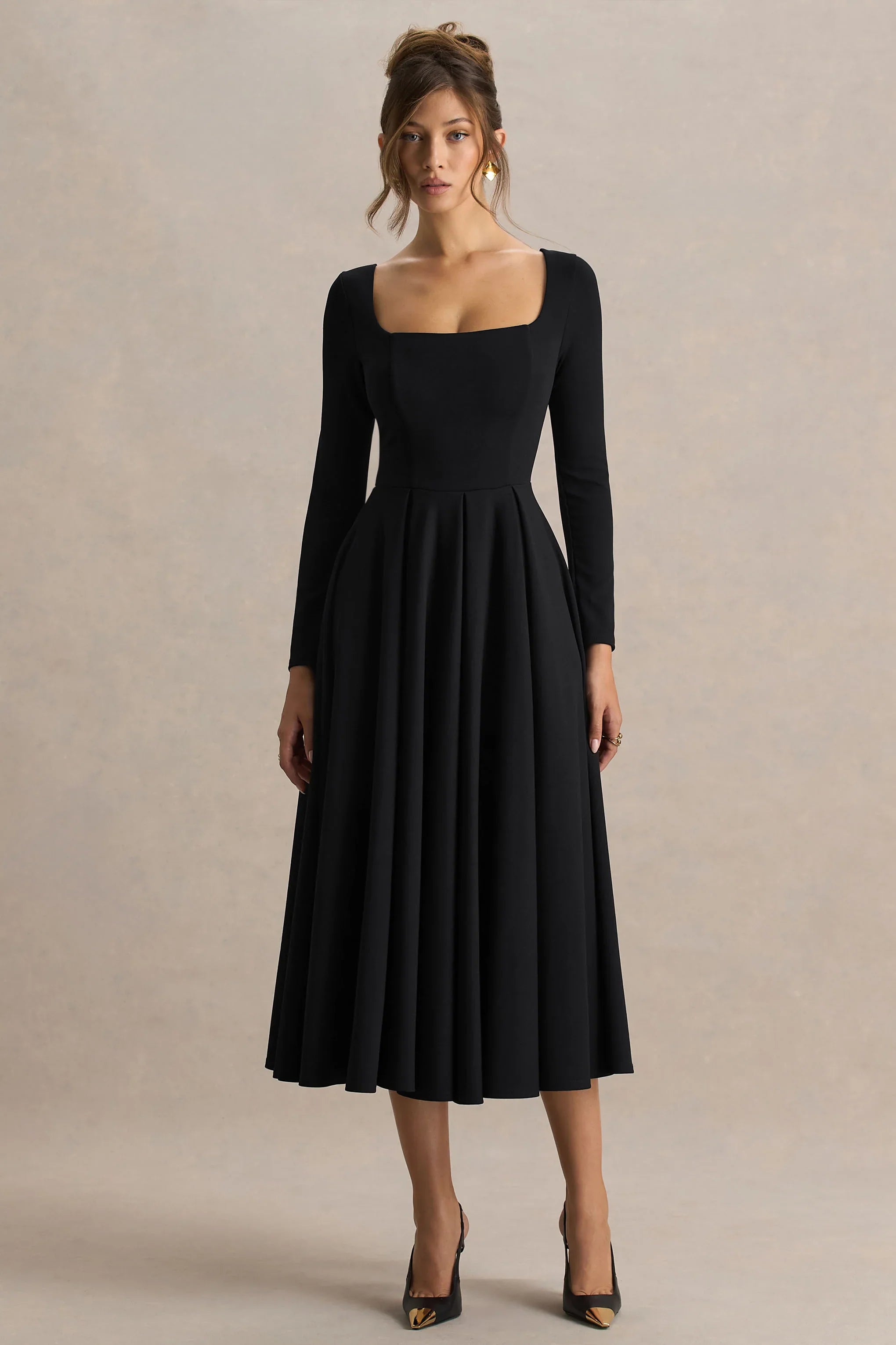 Alison Black Square Neck A Line Midi Dress