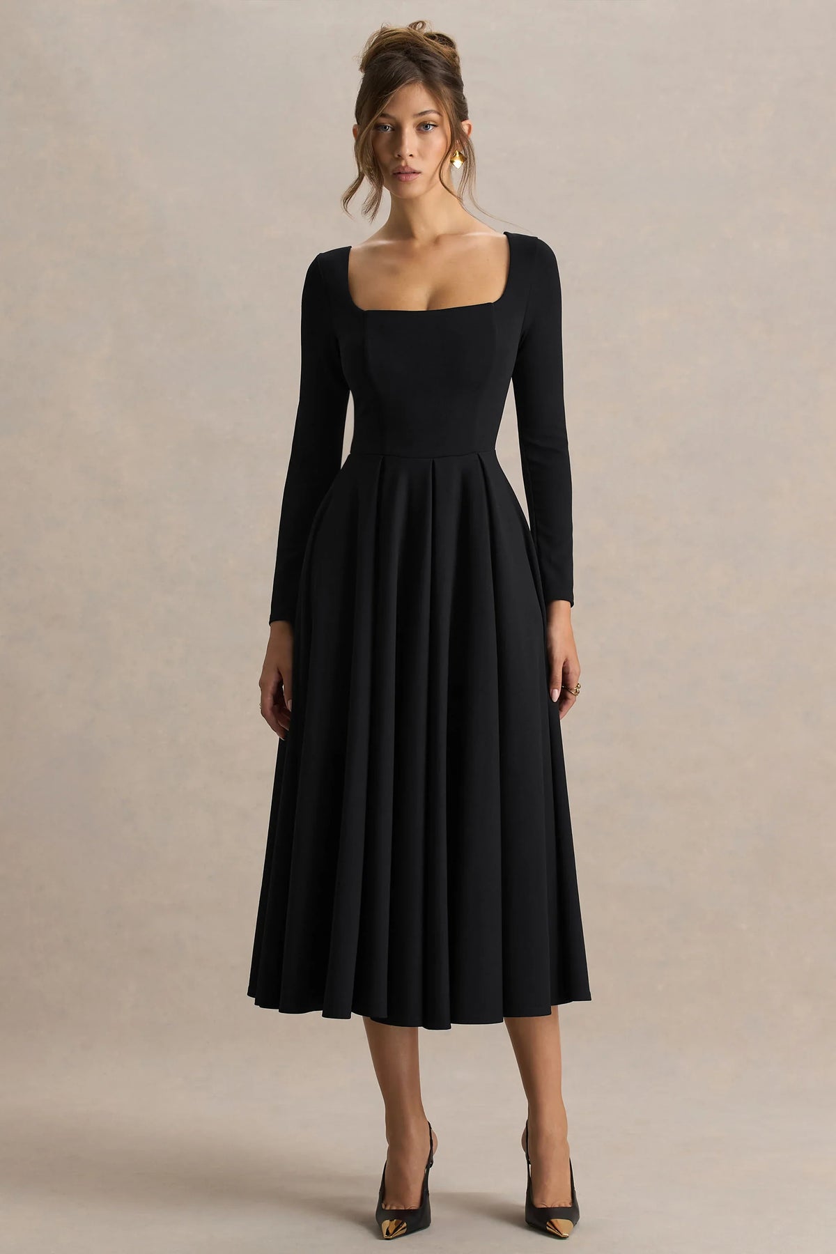 Alison Black Square Neck A Line Midi Dress
