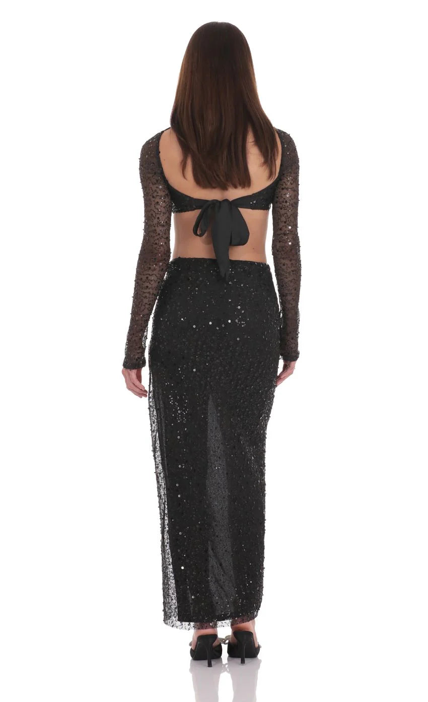 Sequin Beaded Two Piece Set in Black