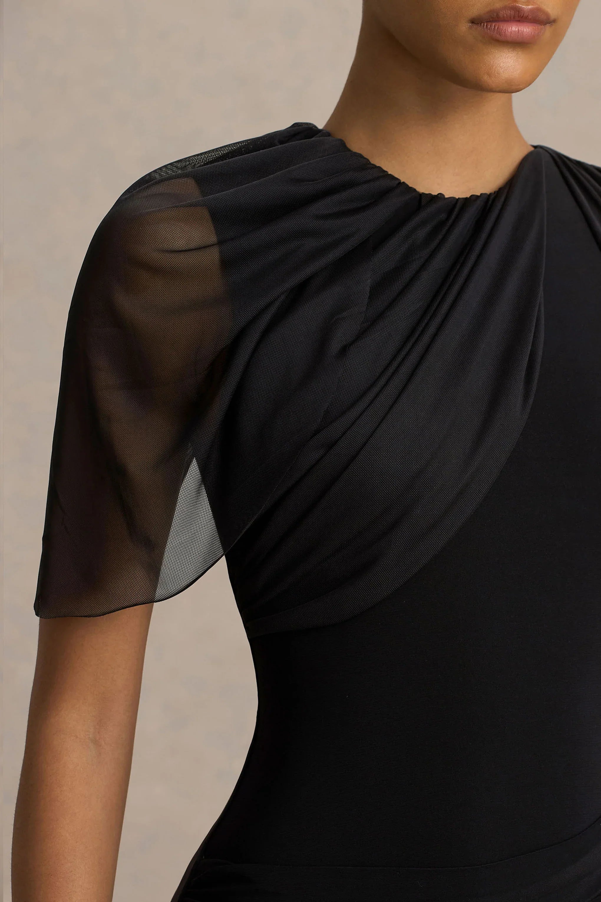 Brenda Black Crew Neck Maxi Dress With Mesh Cape And Sash