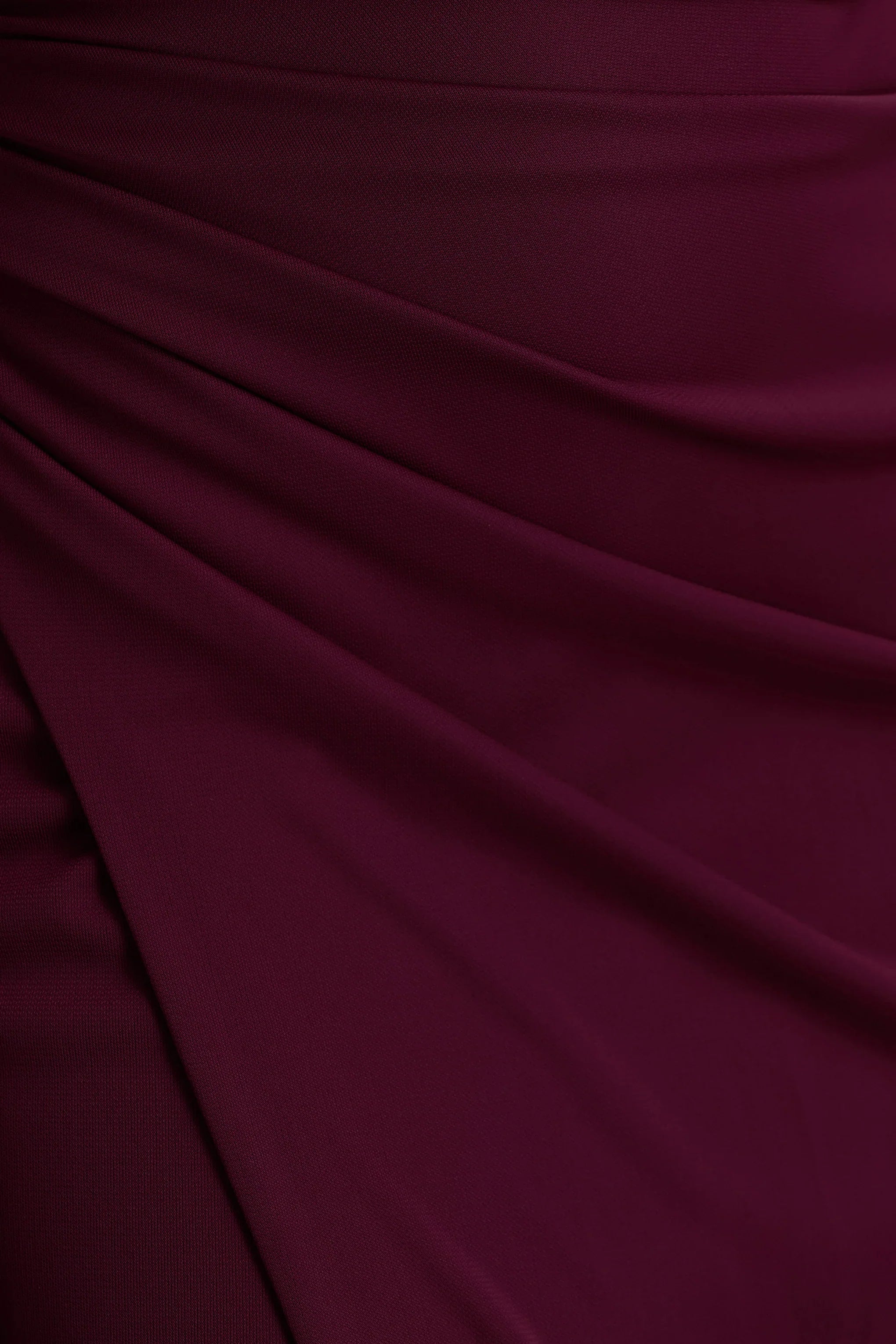 Lola Burgundy Asymmetric Neck Maxi Dress With Ruched Detailing And Front High Split