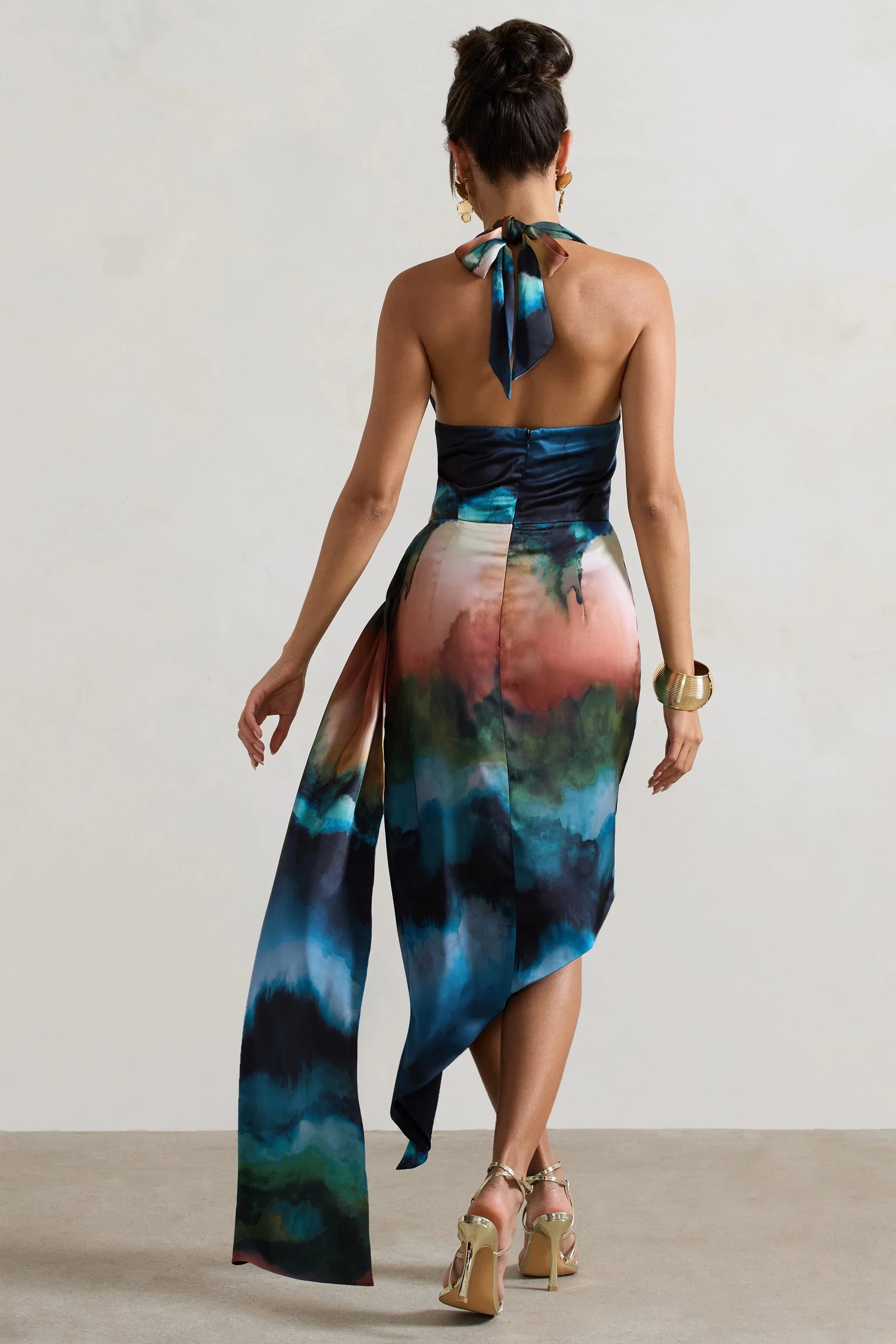 Bali Blue Blur Print Satin Cowl Neck Draped Midi Dress
