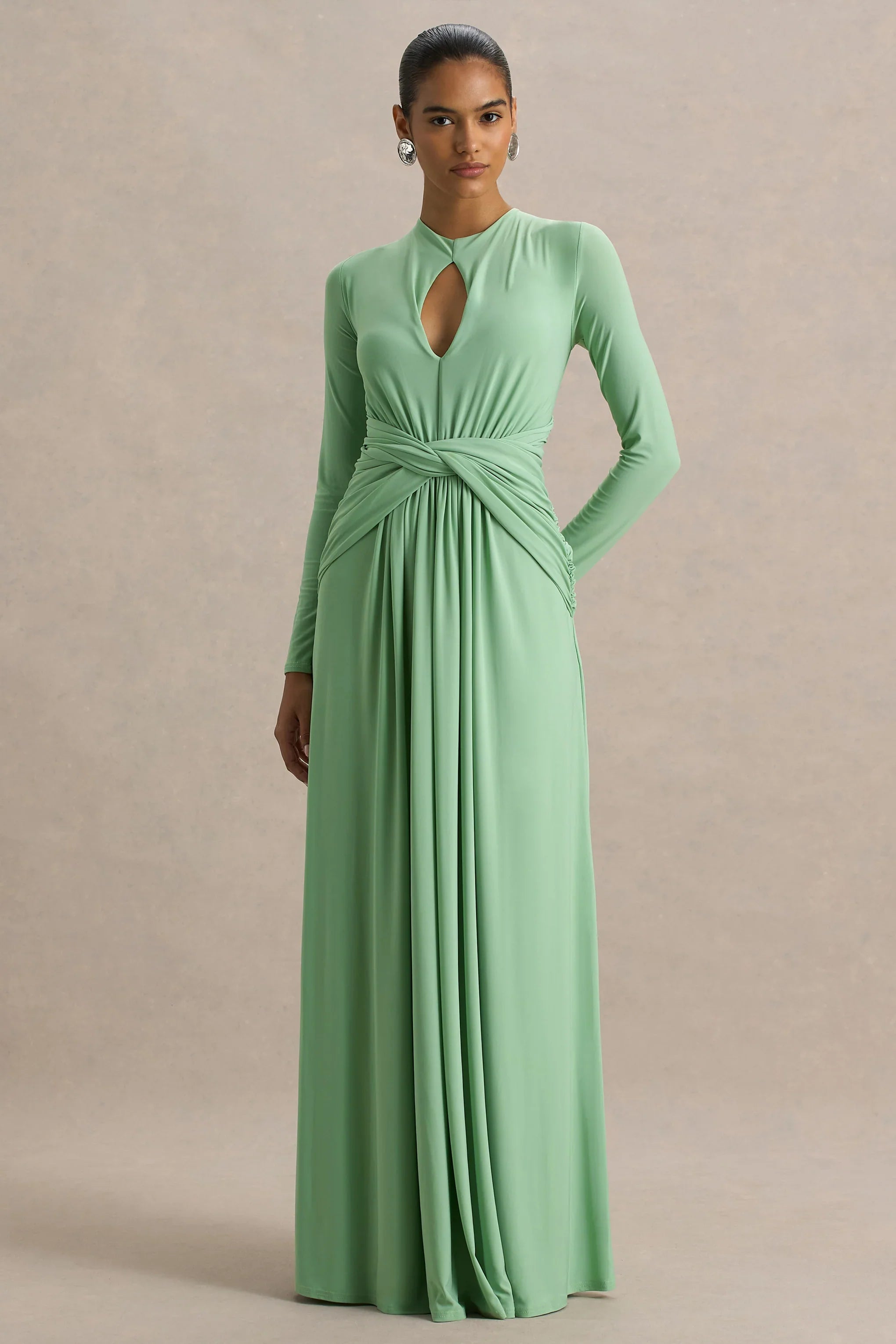 With Me Green High Neck Maxi Dress With Ruched Detailing