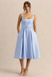 Crystaline Powder Blue Satin Square Neck Midi Dress