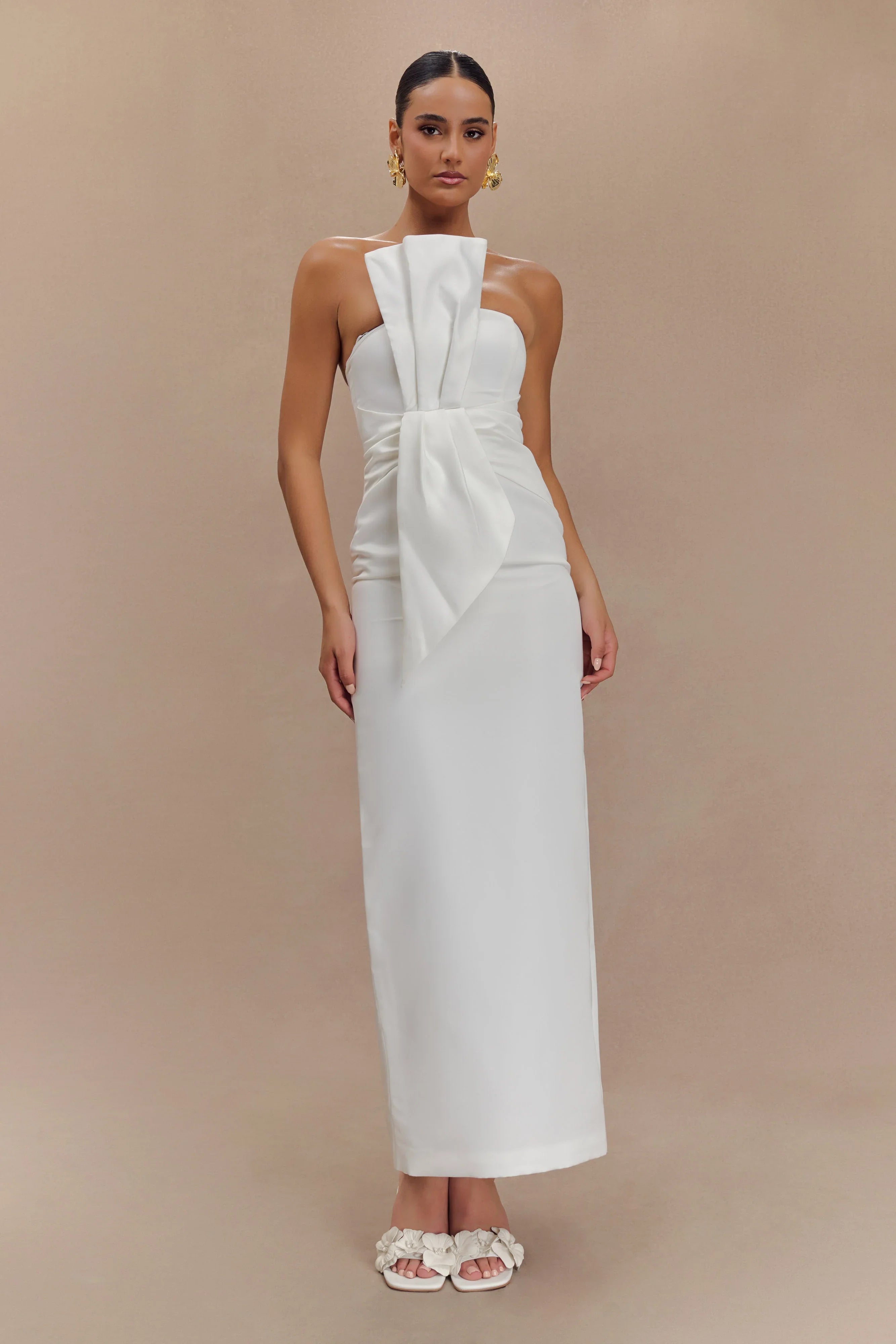Cyrill Strapless Satin Structured Maxi Dress White