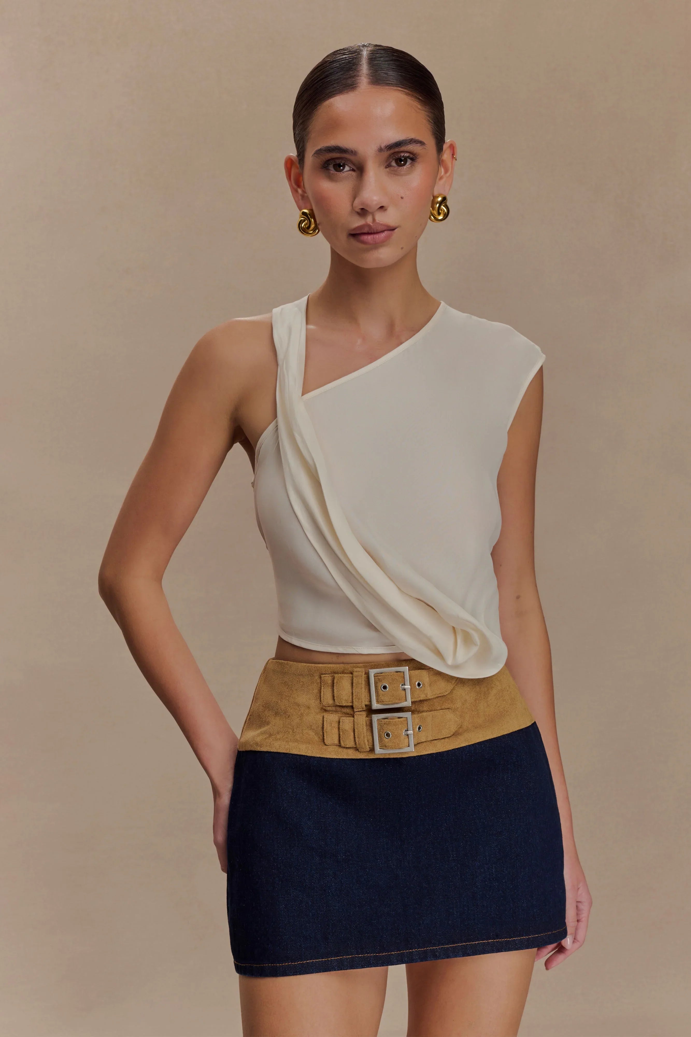 Miranda Faux Suede Belted Denim Mini Skirt Indigo Blue