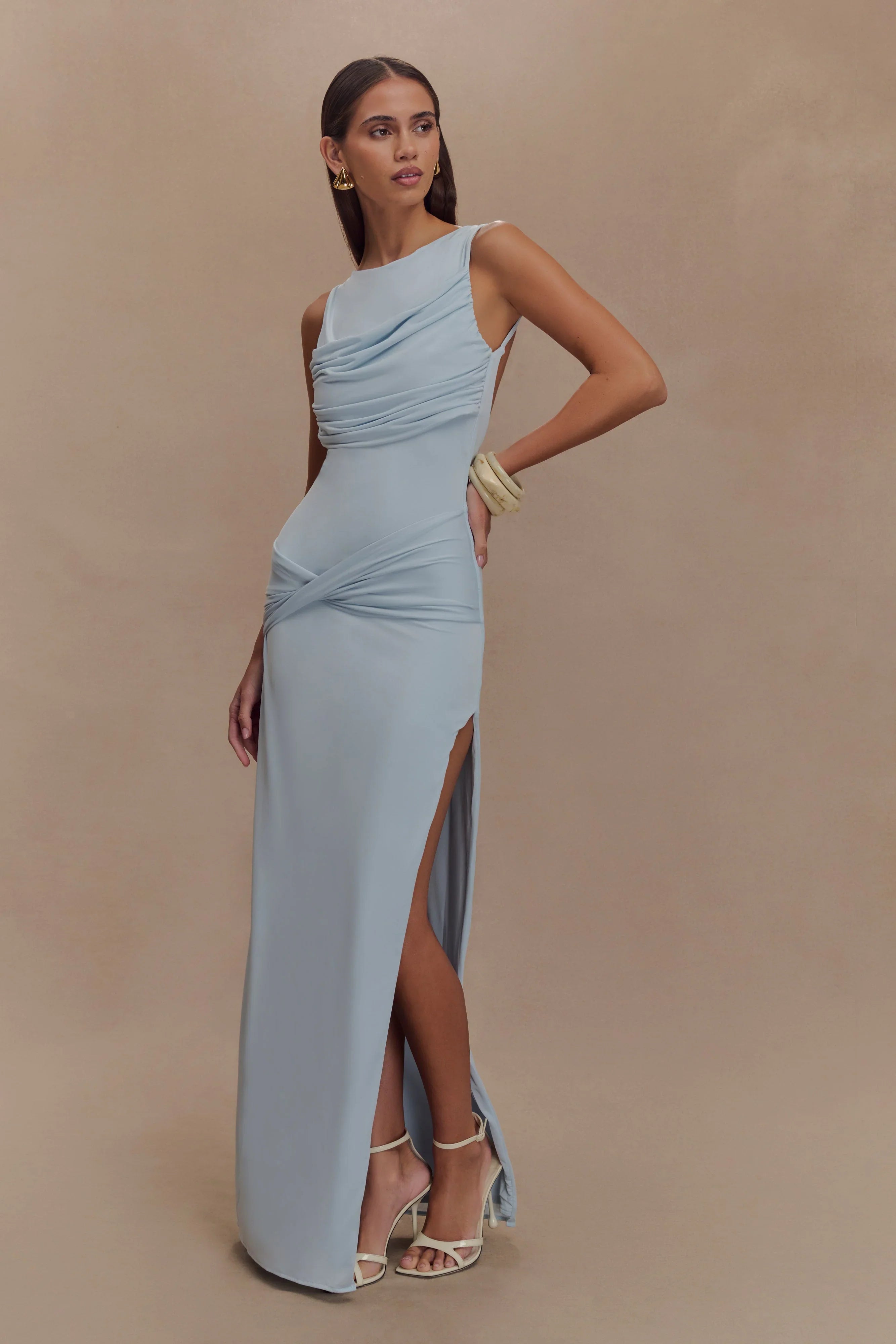 Henley Slinky Drape Maxi Dress Pale Blue