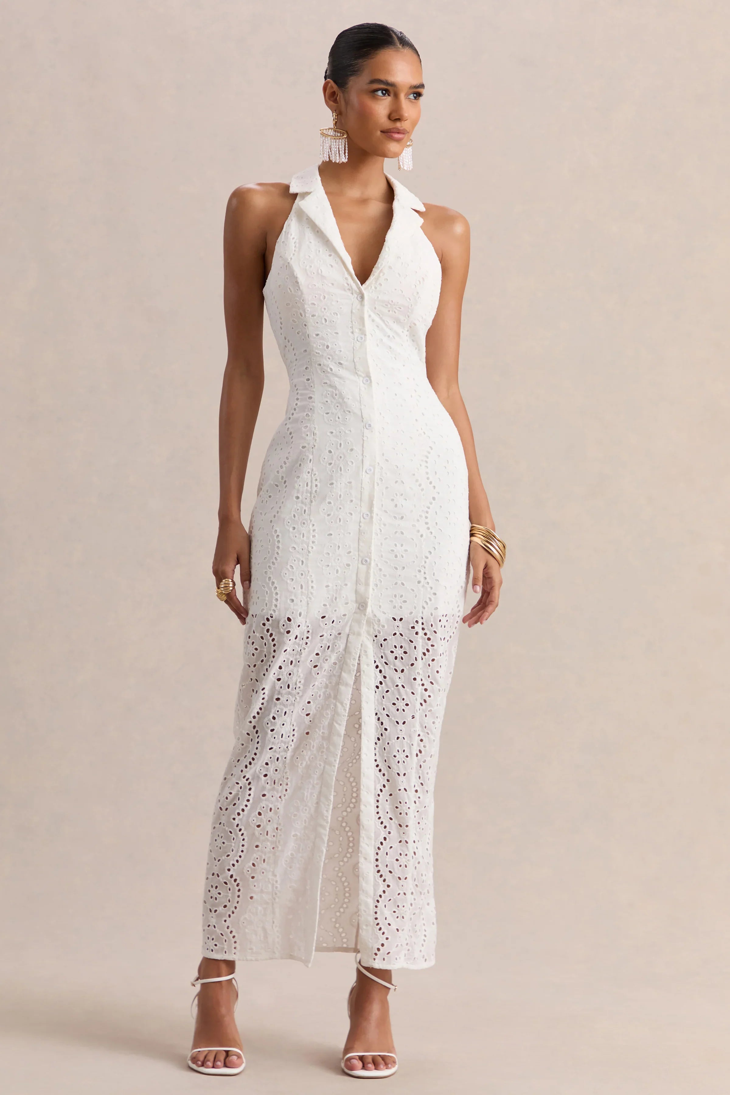 Tover White Broderie Plunge Neck Maxi Dress
