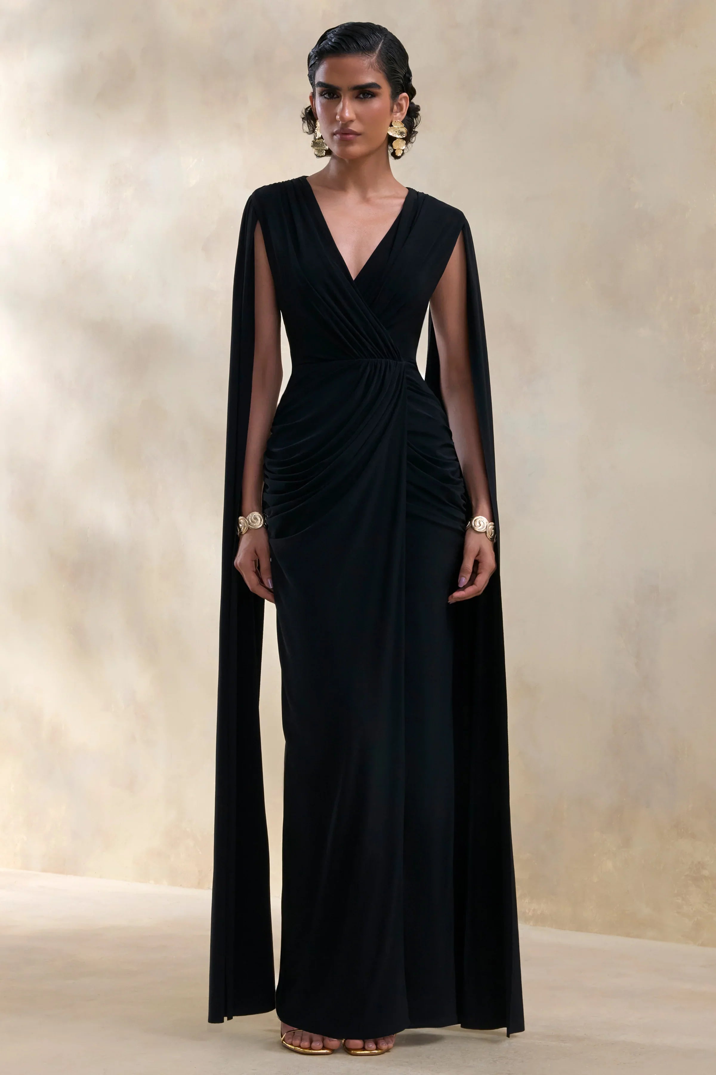 Ulissia Black V Neck Maxi Dress With Cape Sleeves
