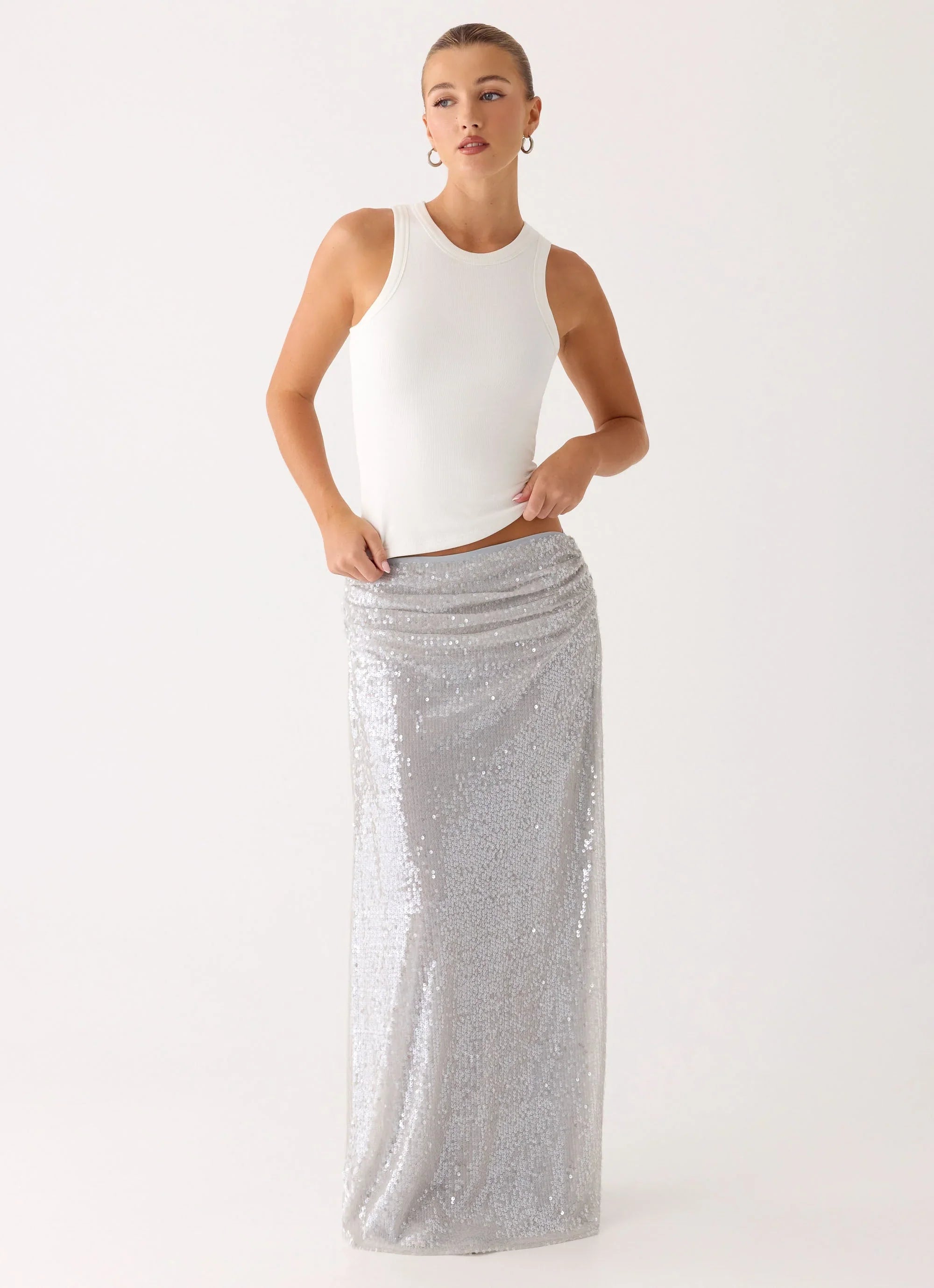 Susie Sequin Maxi Skirt Silver