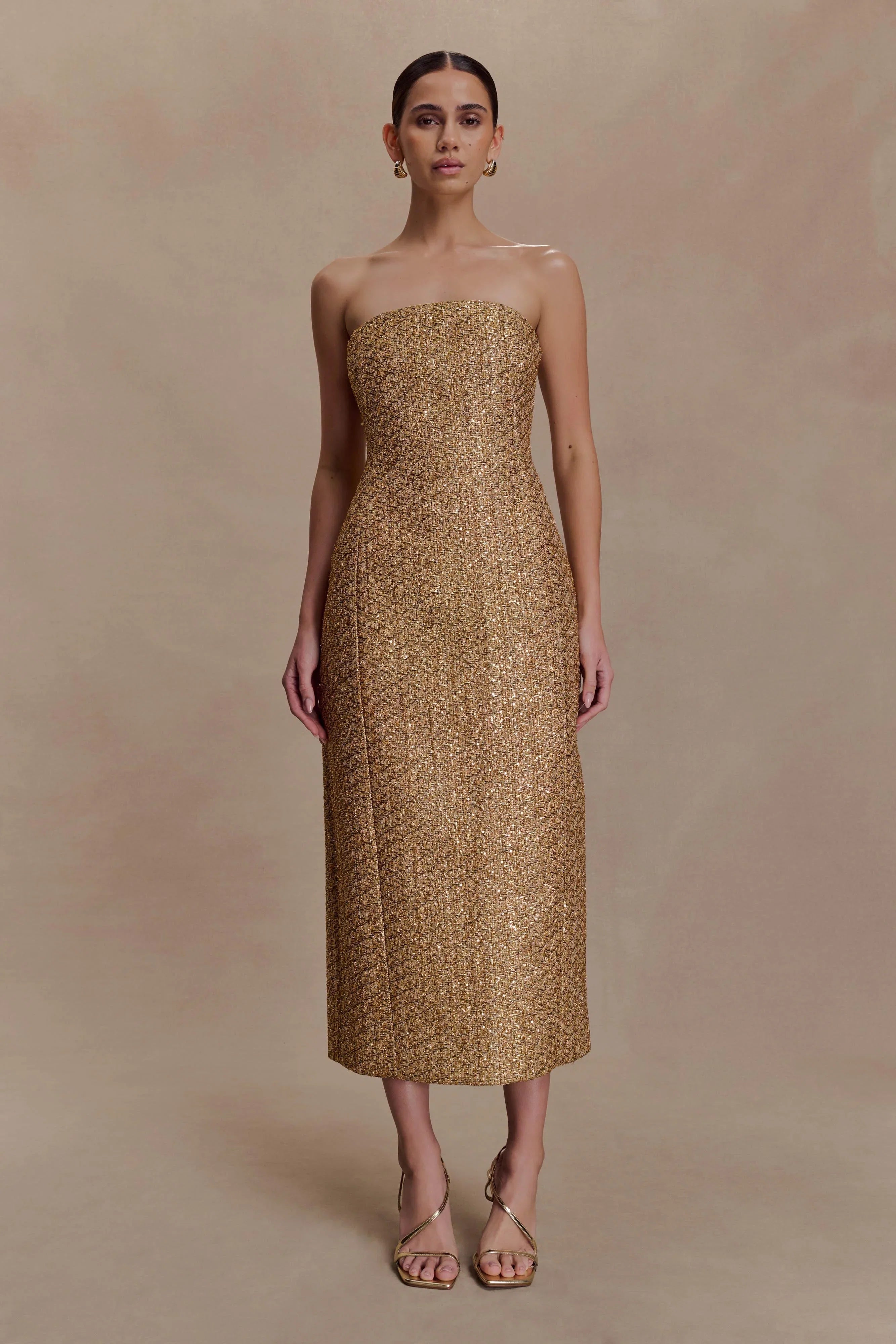 Gala Strapless Tweed Midi Dress Gold