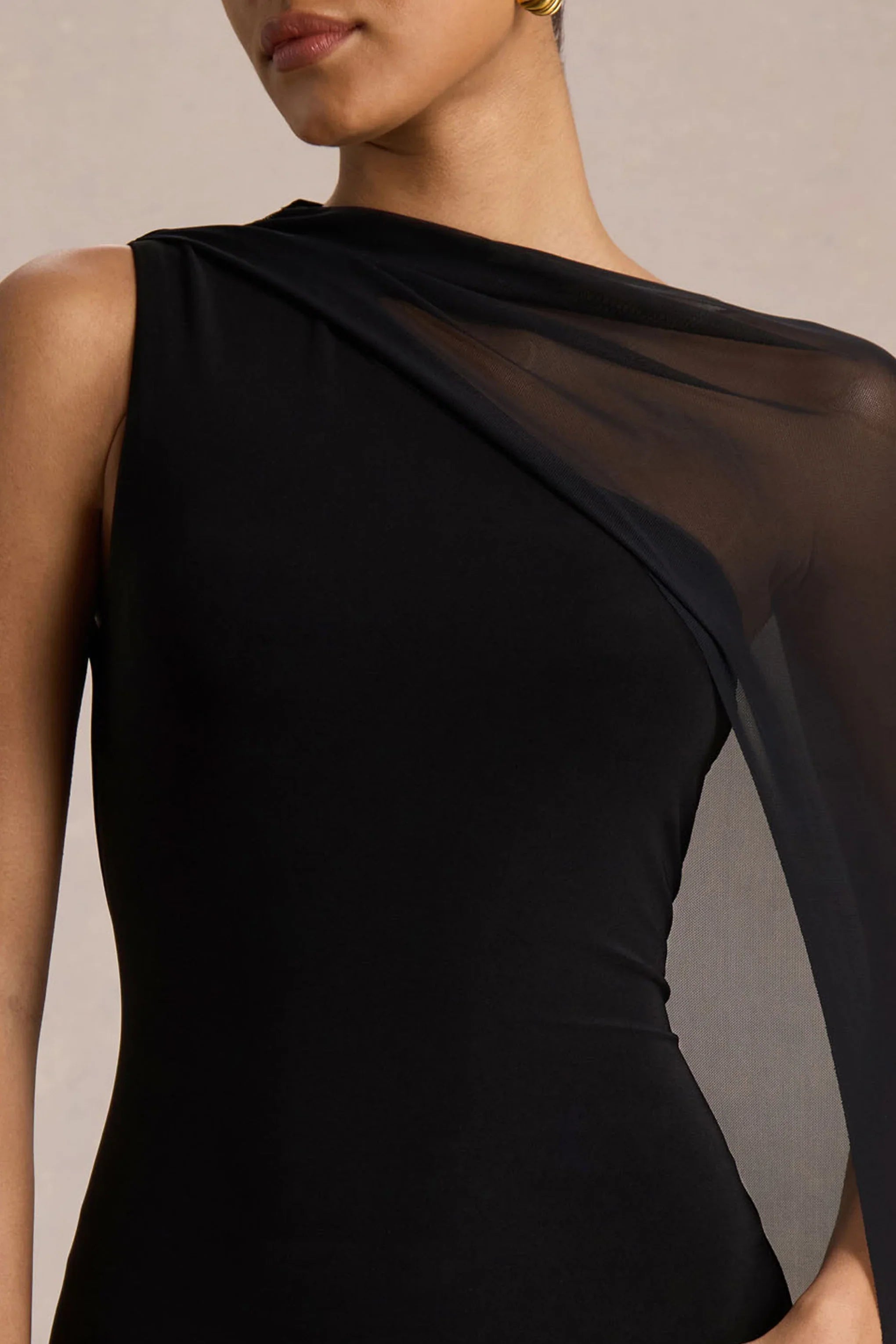 Mirelle Black Asymmetric Neck Maxi Dress With Sheer Cape Sleeve