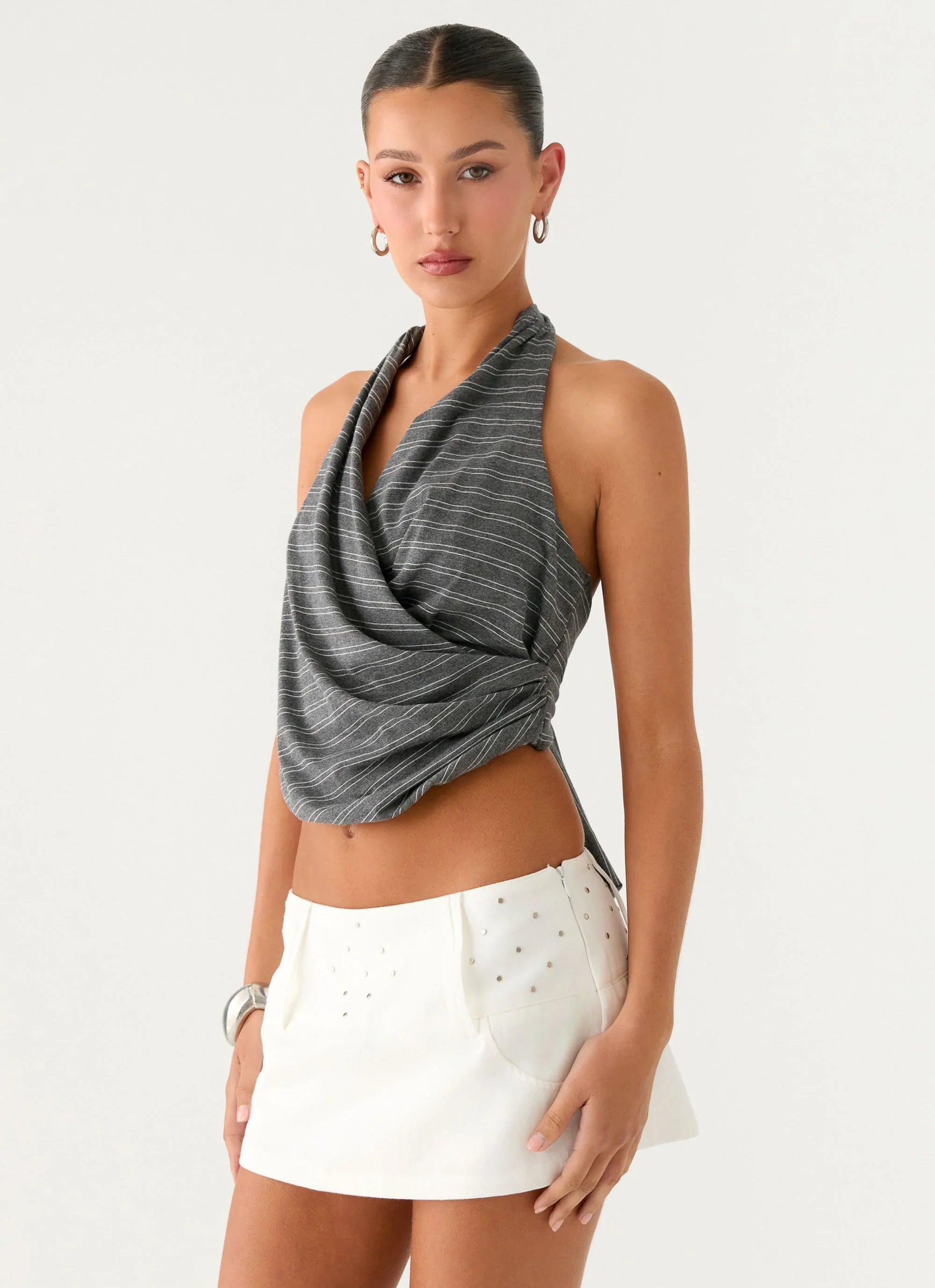 Vassy Halter Top Grey Marle Stripe