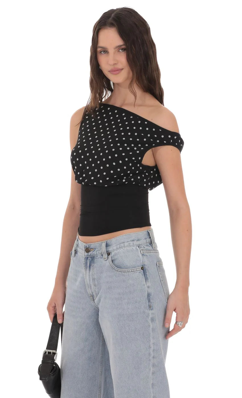 Polka Dot Boat Neck Top in Black