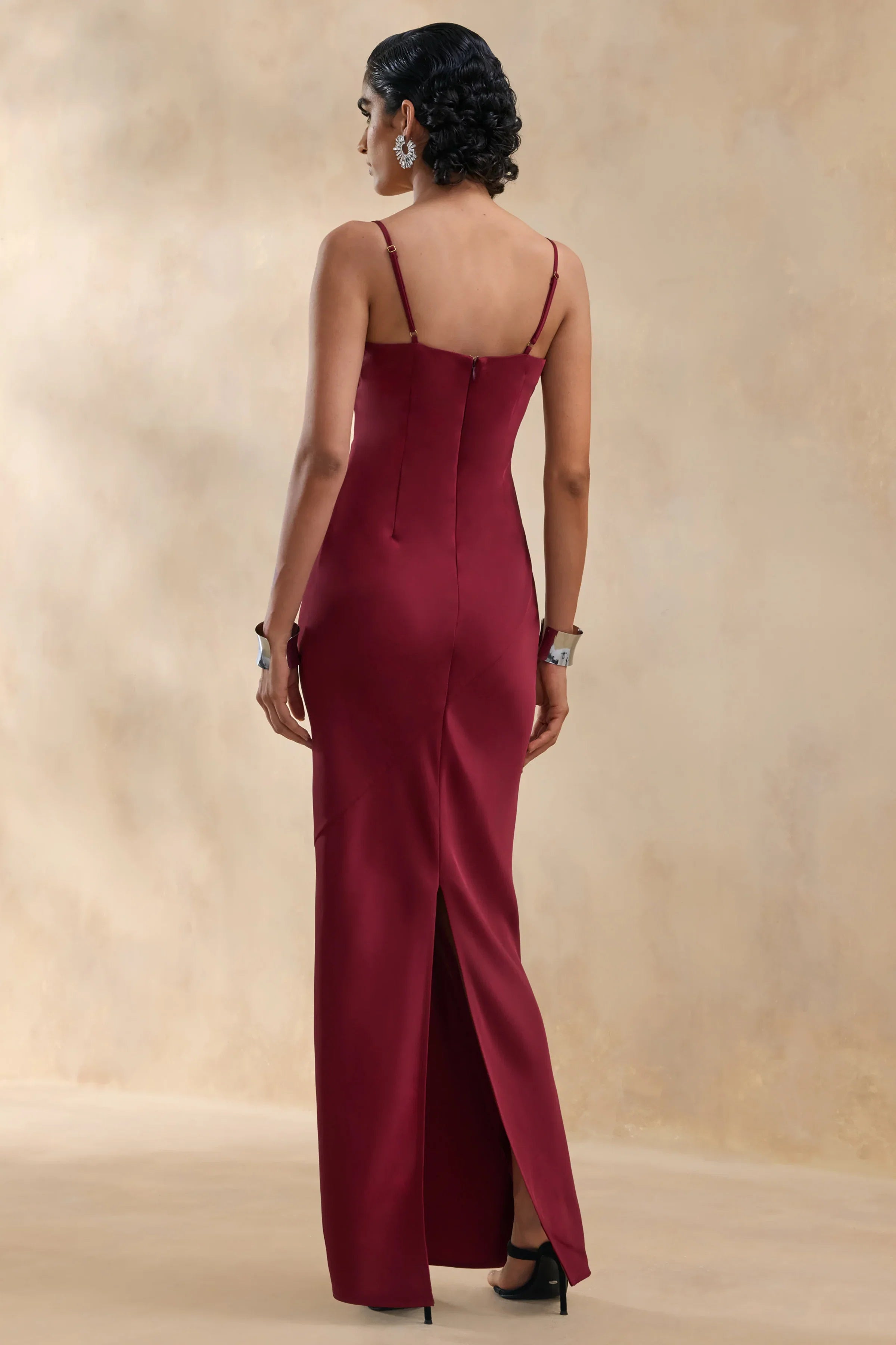 Yoli Burgundy Satin Maxi Dress With Removable Twist Cape
