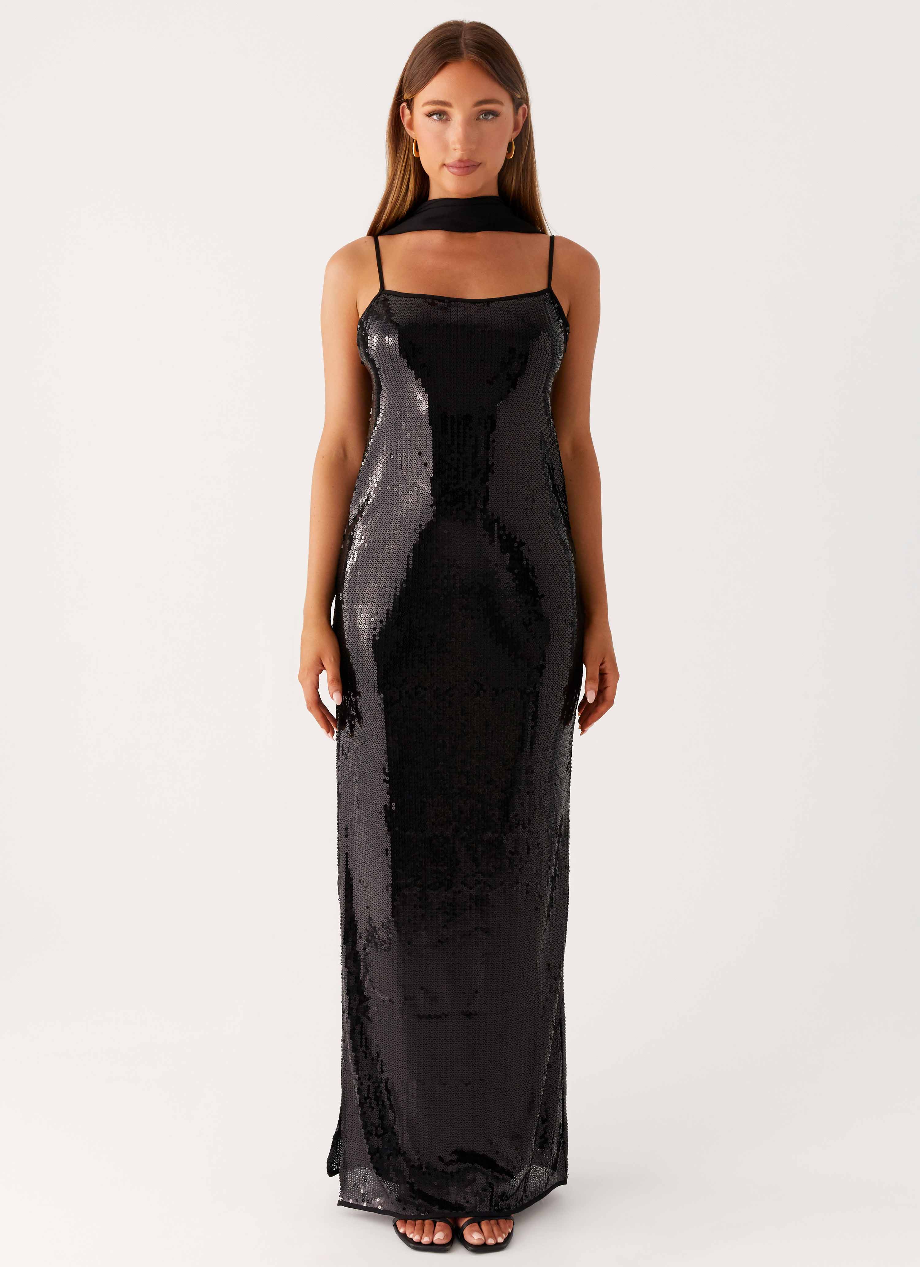 Scarf Neck Sequins Maxi Dress Black