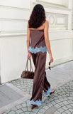 Shirley Lace Trim Brown Satin Pants