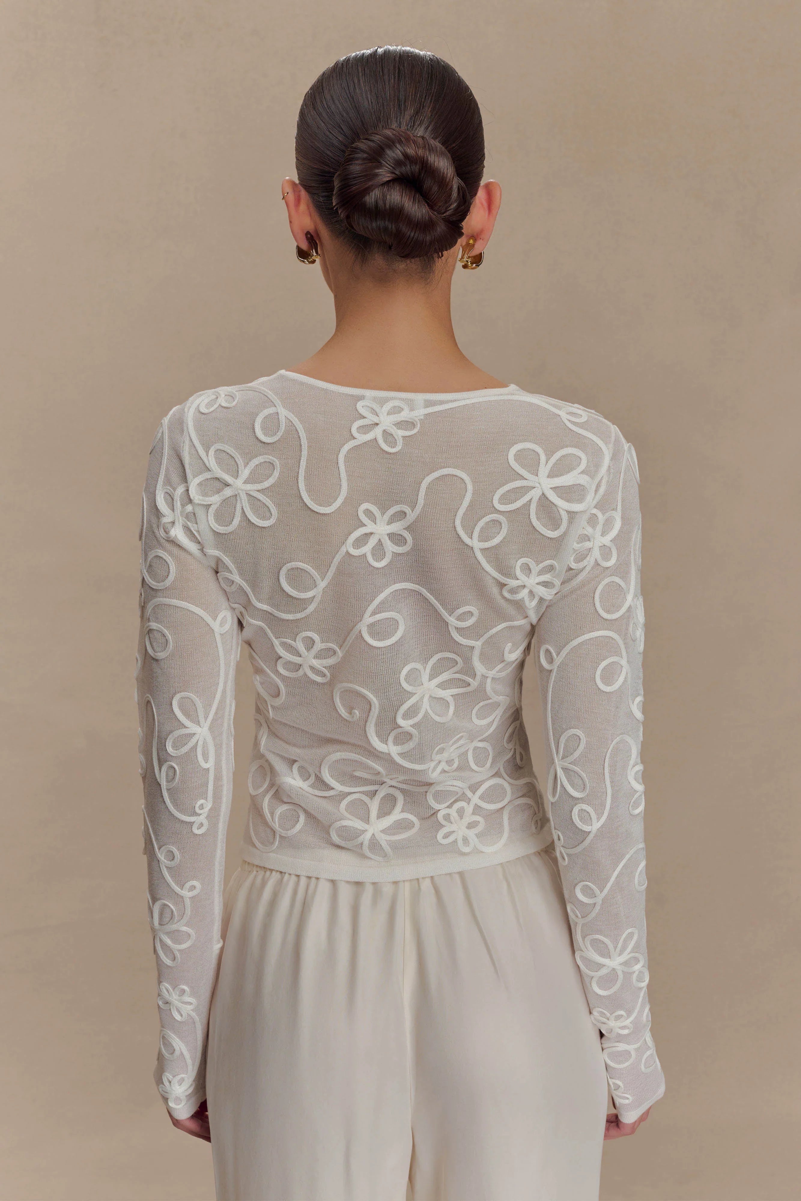Omari Embroidery Long Sleeve Knit Top Ivory