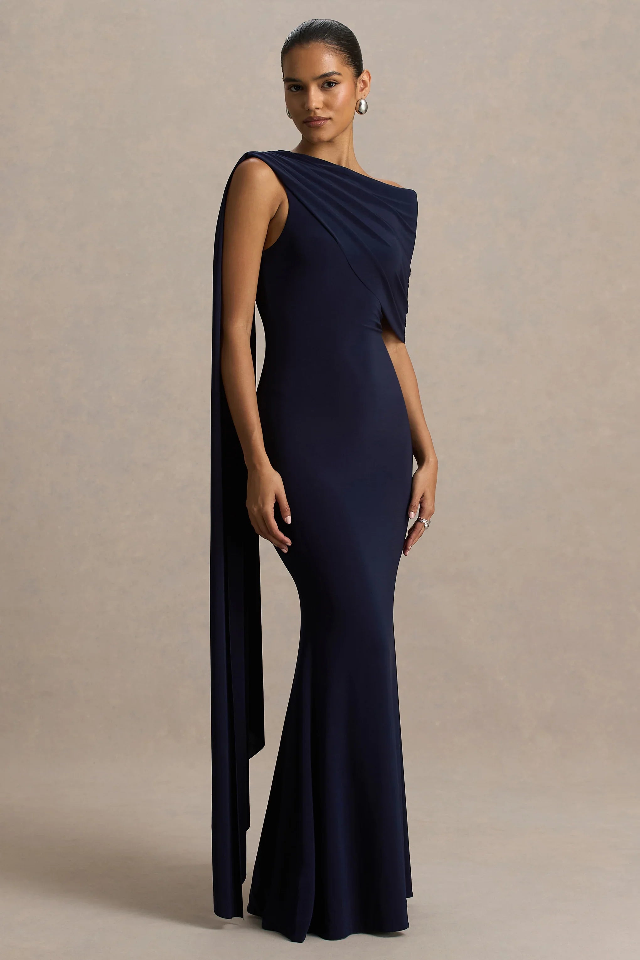 Tiana Navy Asymmetric Neck Maxi Dress With Drape Detail