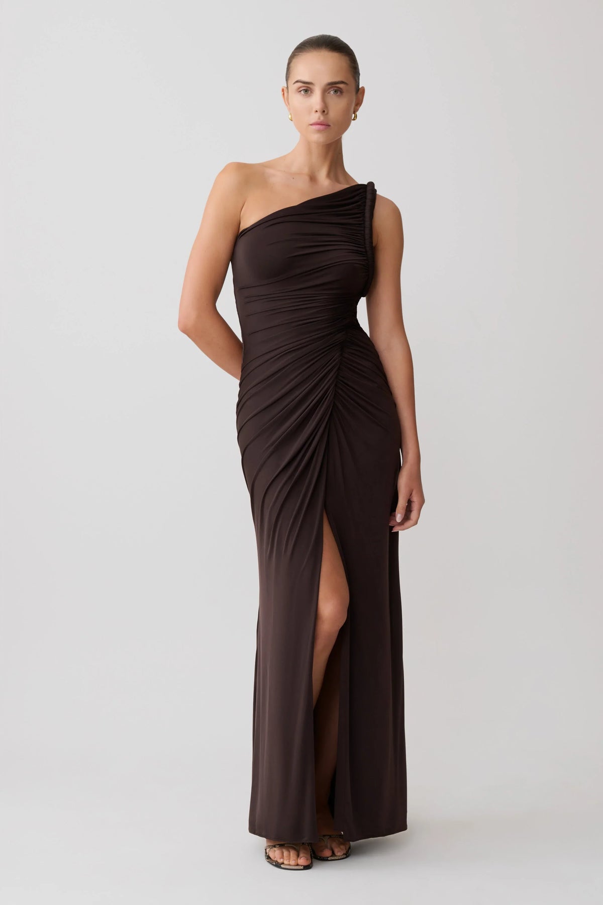 Ryn Twisted One Shoulder Maxi Dress Dark Chocolate