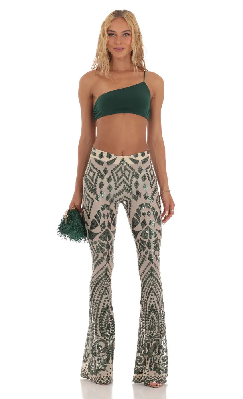 Sequin One Shoulder Two Piece Set in Green