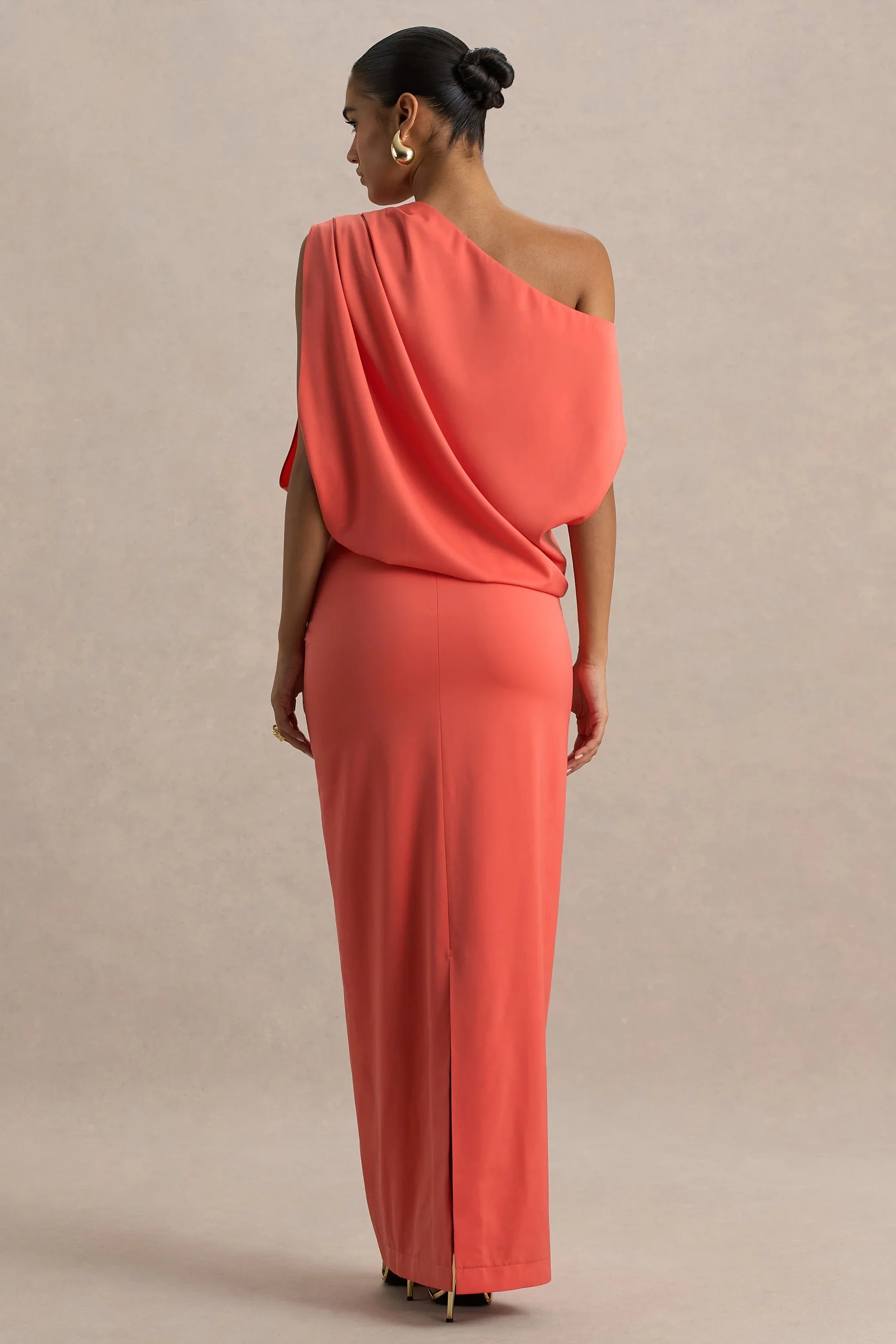 Ronnie Coral Satin Asymmetric Neck Maxi Dress With Draping Detail