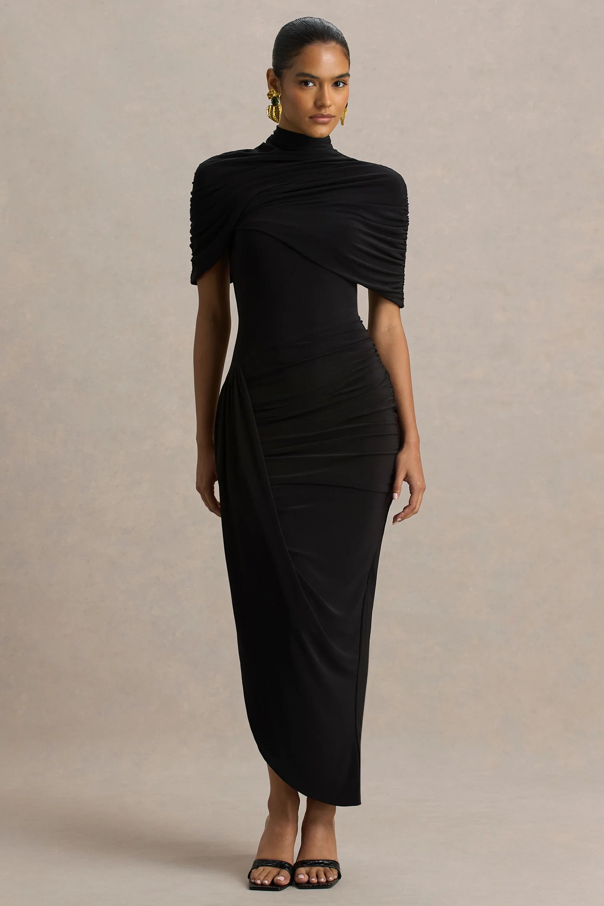 Enchant Black Asymmetric Twisted Cape Midi Dress