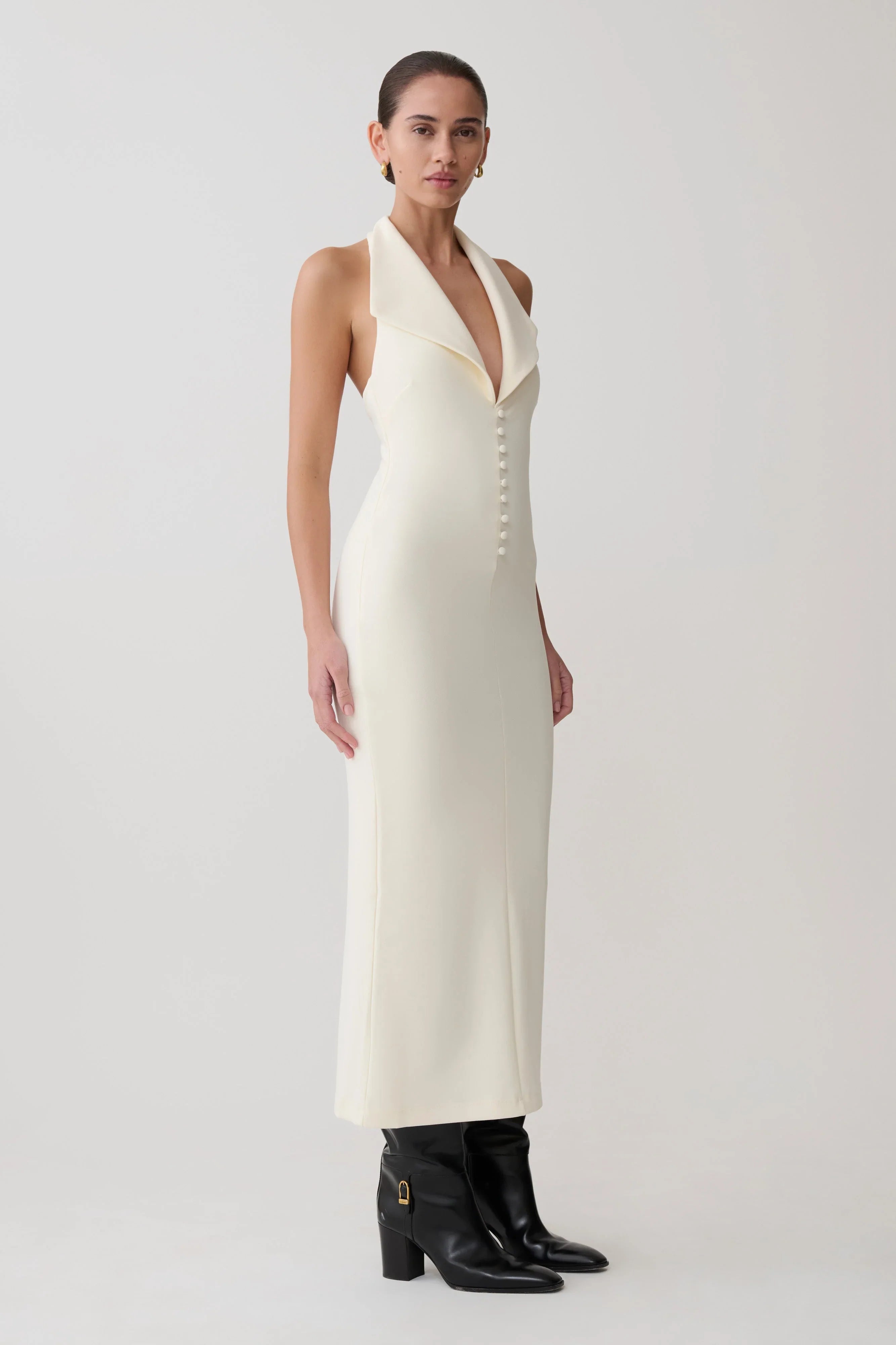 Annita Crepe Halter Midi Dress Ivory