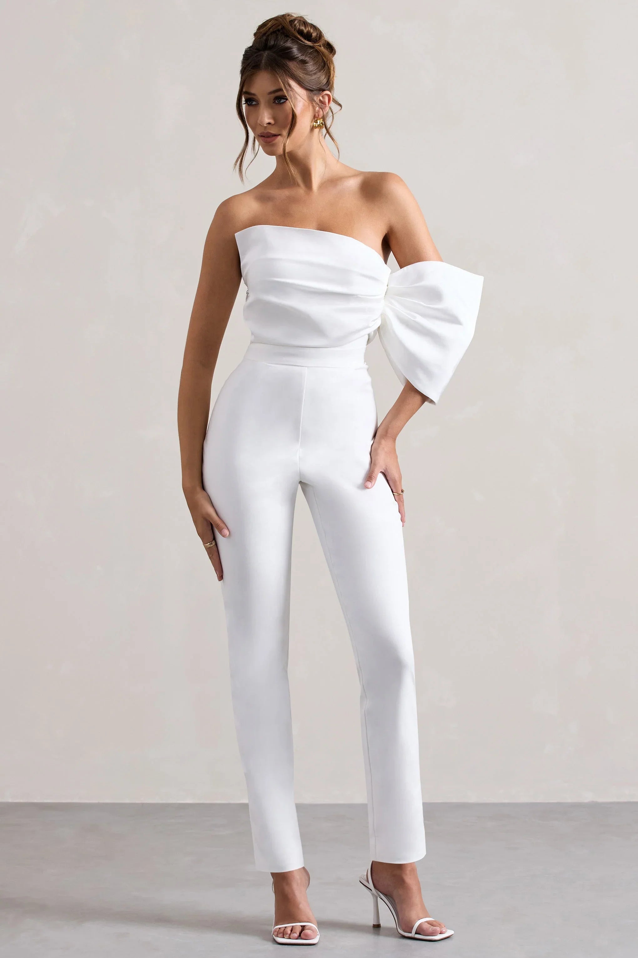Adabella White Satin Strapless One Sleeve Straight Leg Jumpsuit