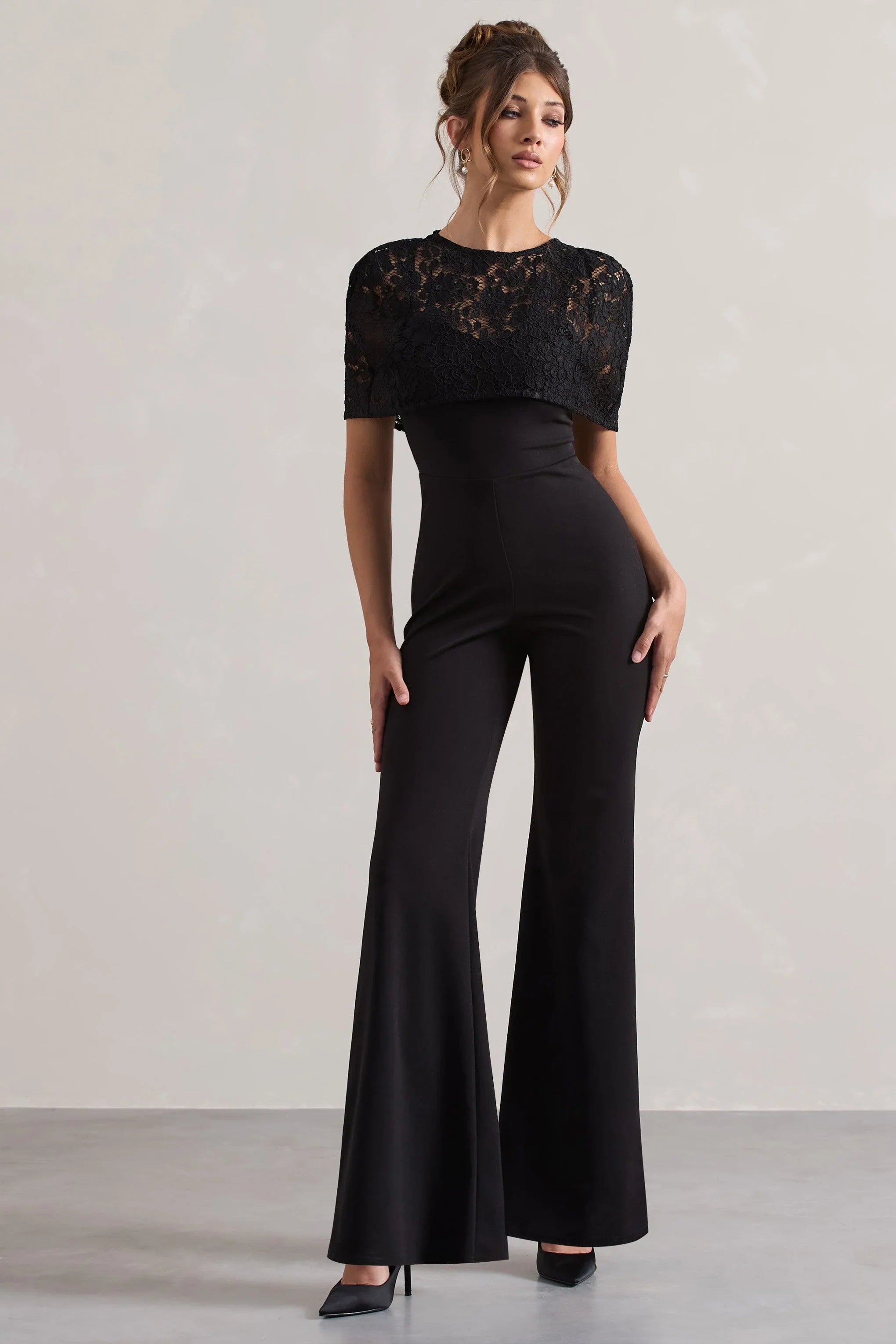 Endless Black Flared Leg Jumpsuit With Lace Overlay
