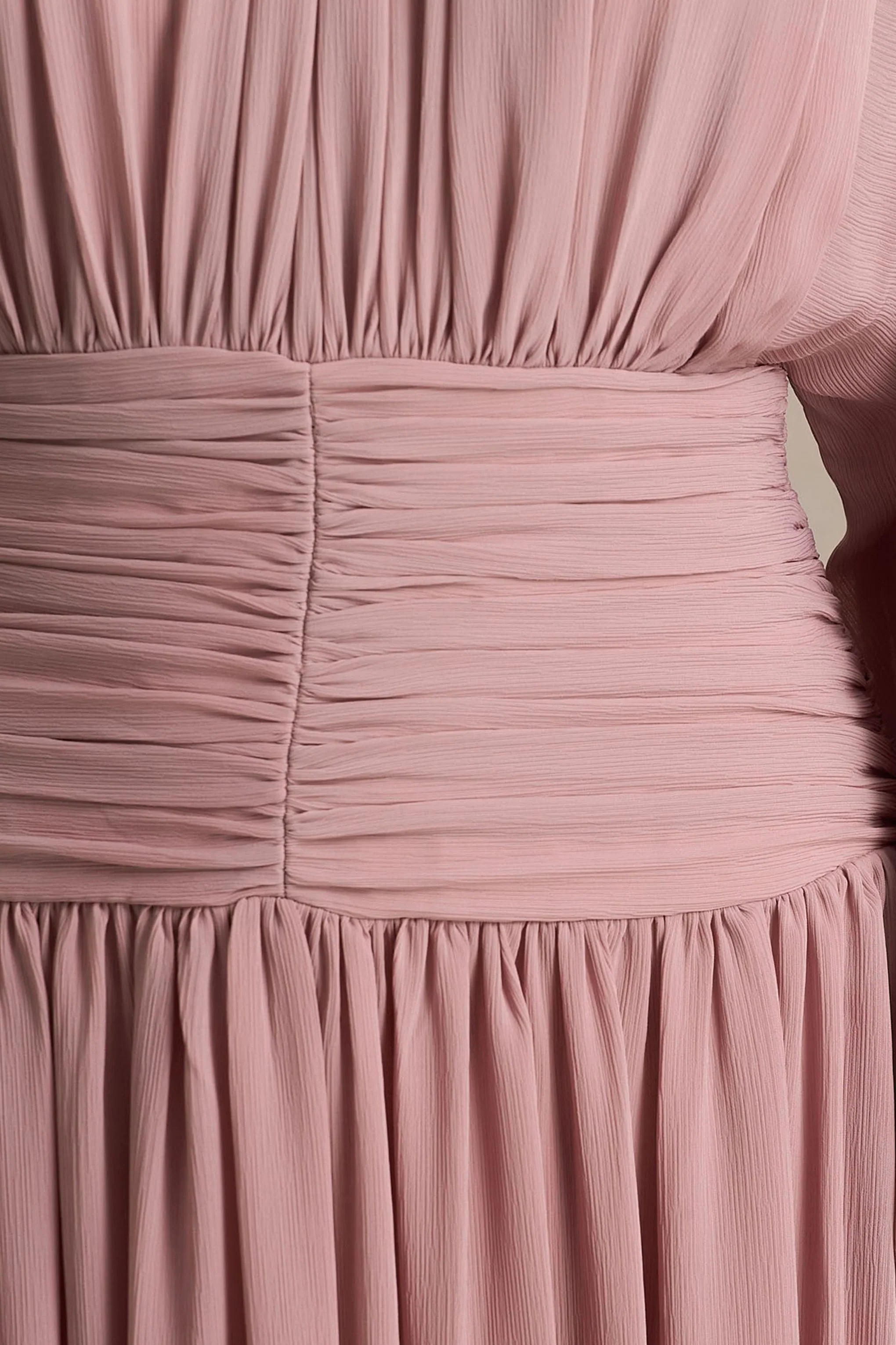 Annabel Dusty Pink High Neck Midi Dress With Drop Waist And Pleated Detailing