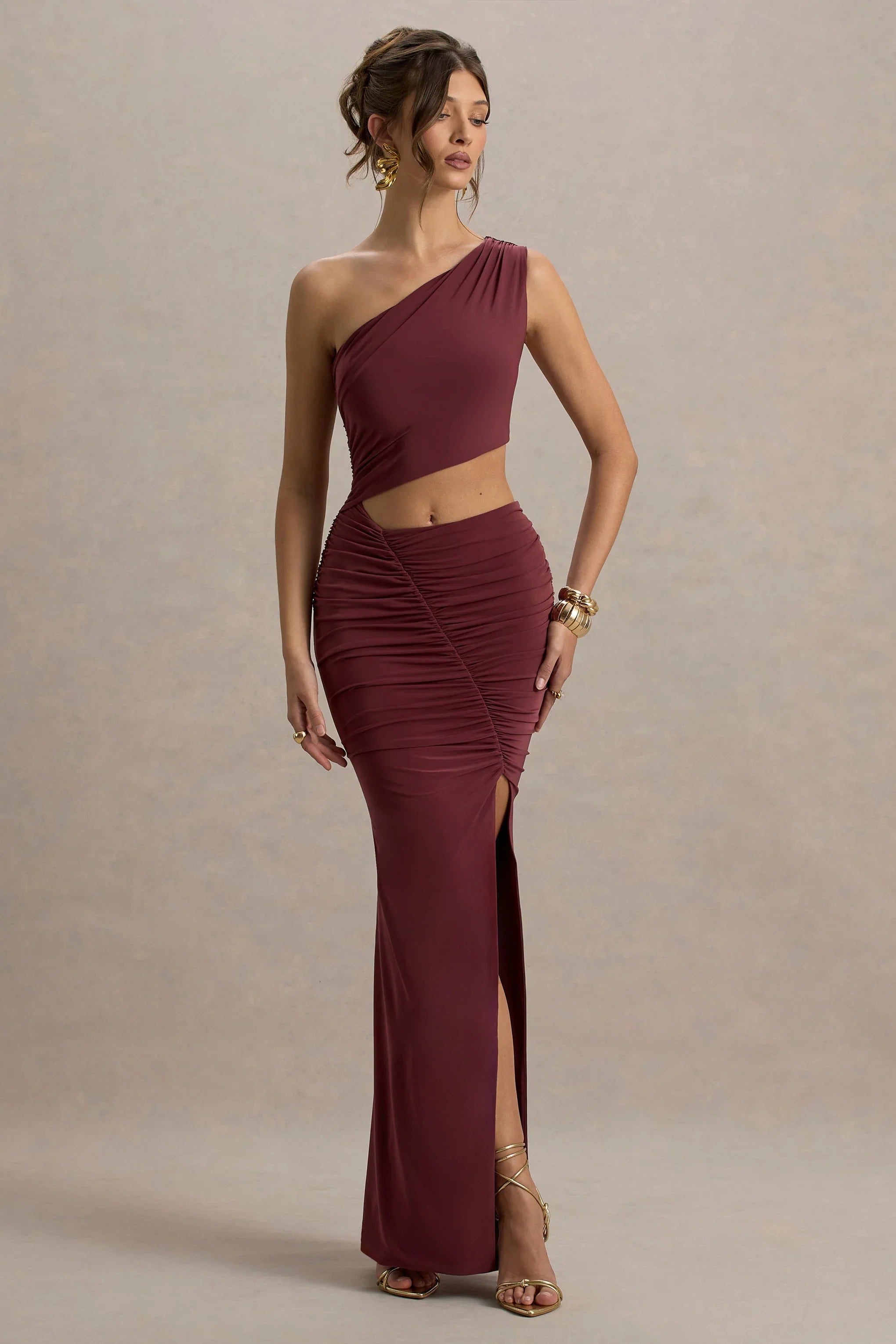 Sena Burgundy Asymmetric Maxi Dress With Cut Out Details