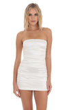 Satin Ruched Back Bow Dress in White