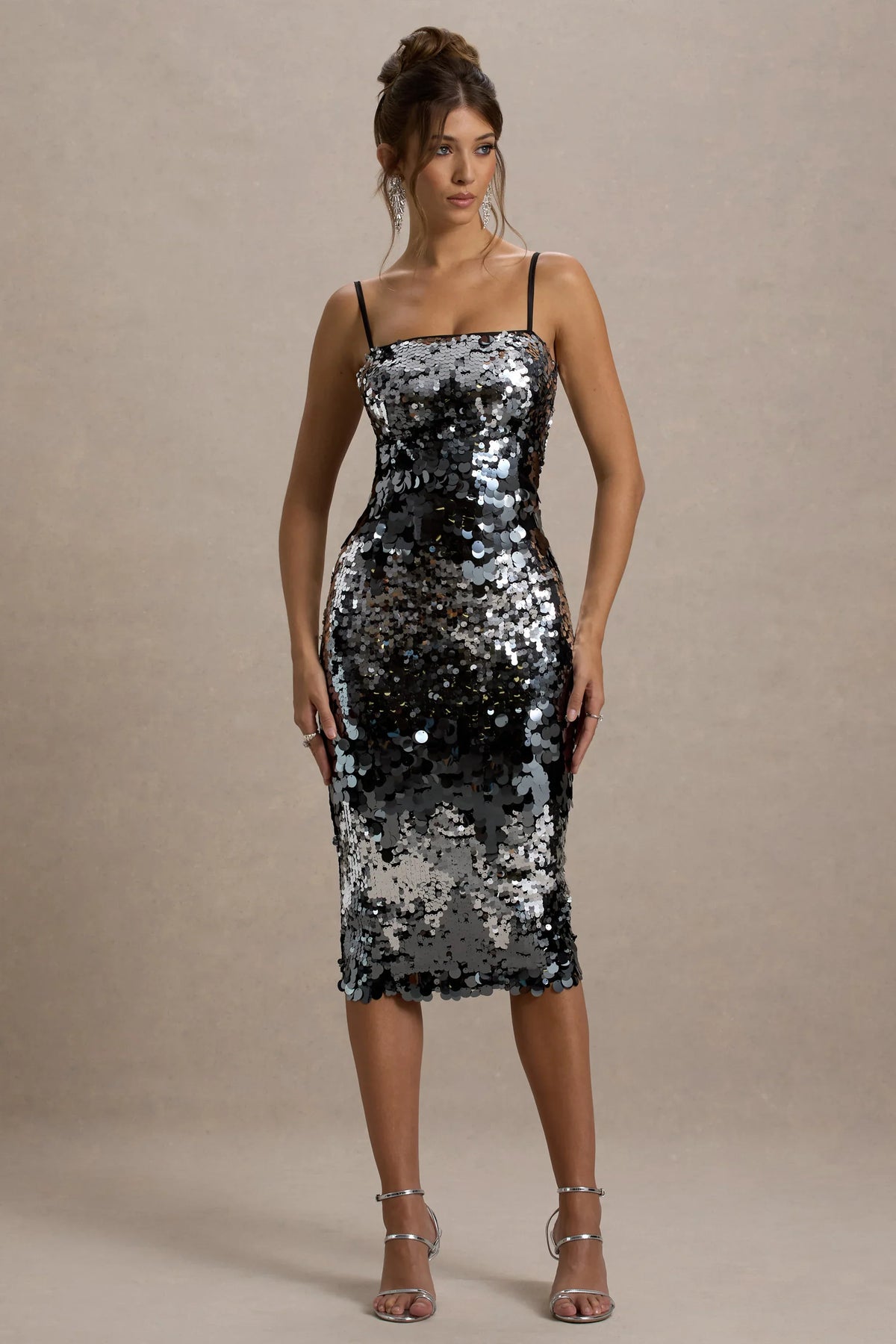 Azure Silver Sequin Strappy Midi Dress