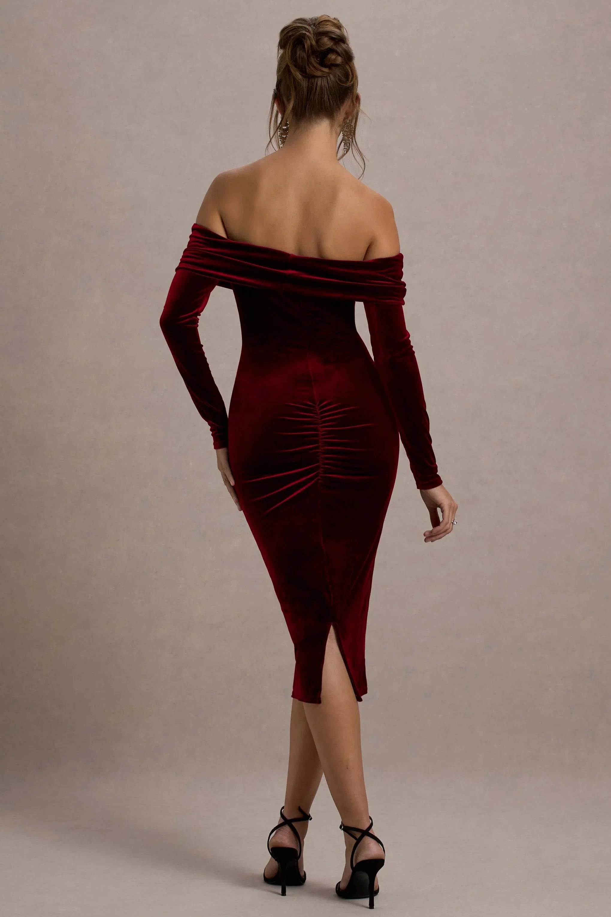Compliment Berry Velvet Bardot Midi Dress