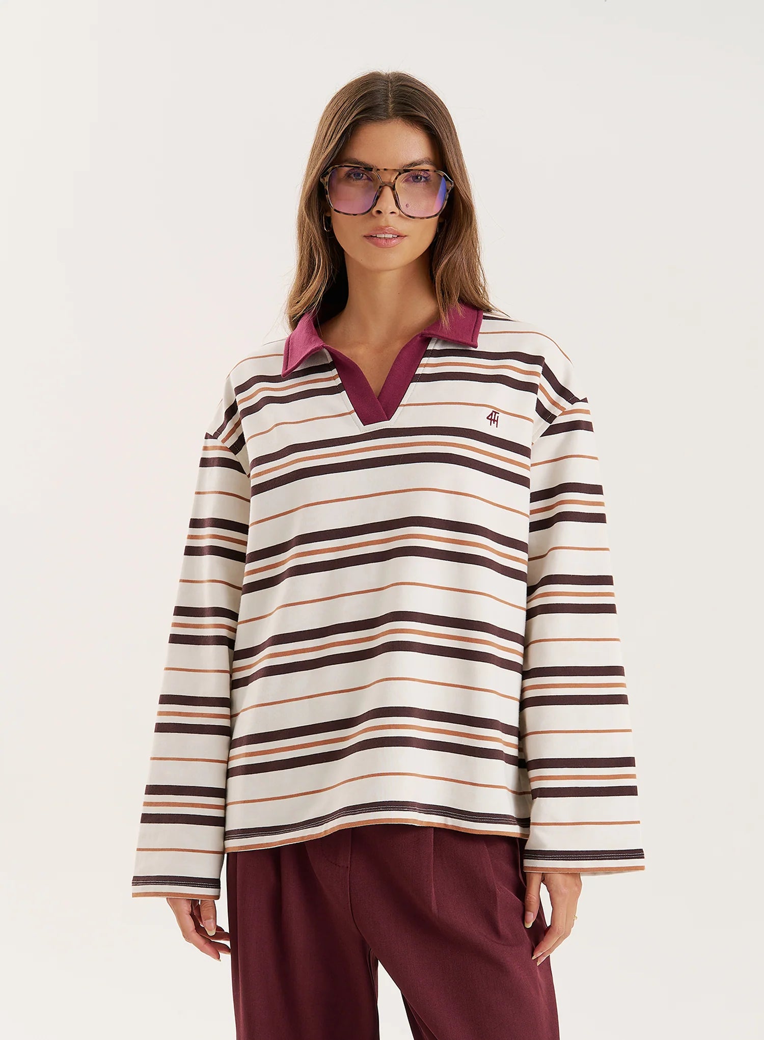 Cream And Chocolate Stripe Contrast Collar Rugby Top