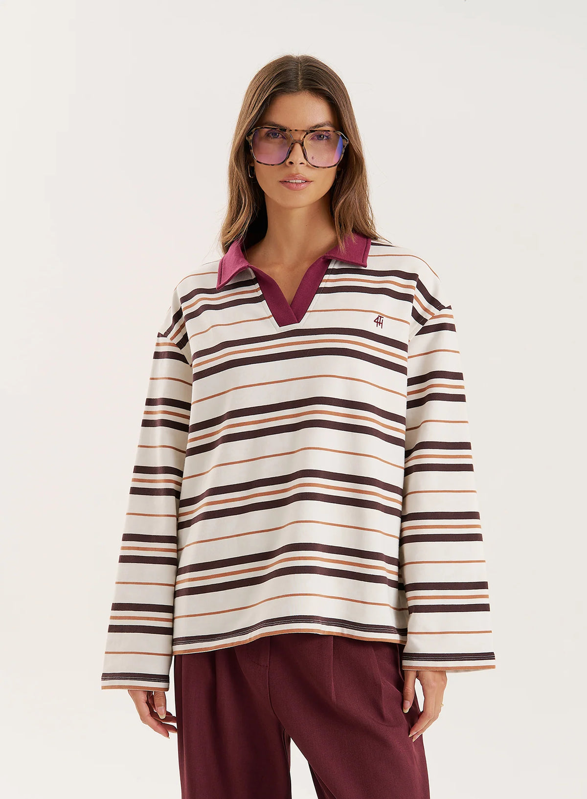 Cream And Chocolate Stripe Contrast Collar Rugby Top