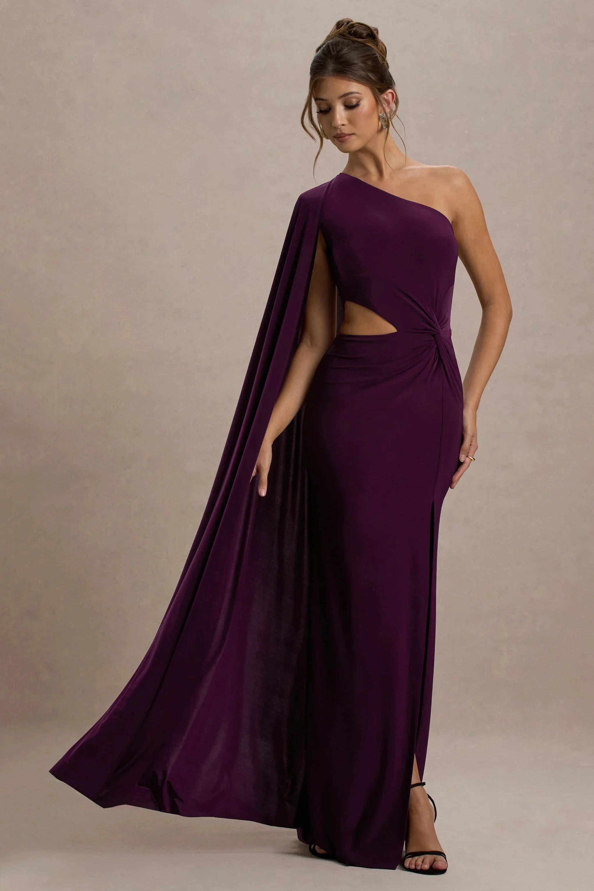Brona Plum One Shoulder Cape Sleeve Split Maxi Dress