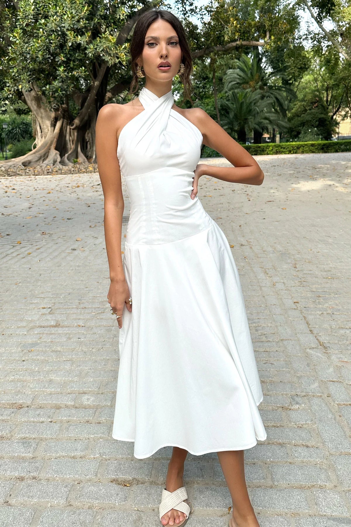 Saint Malo White Halter Neck Midi Dress