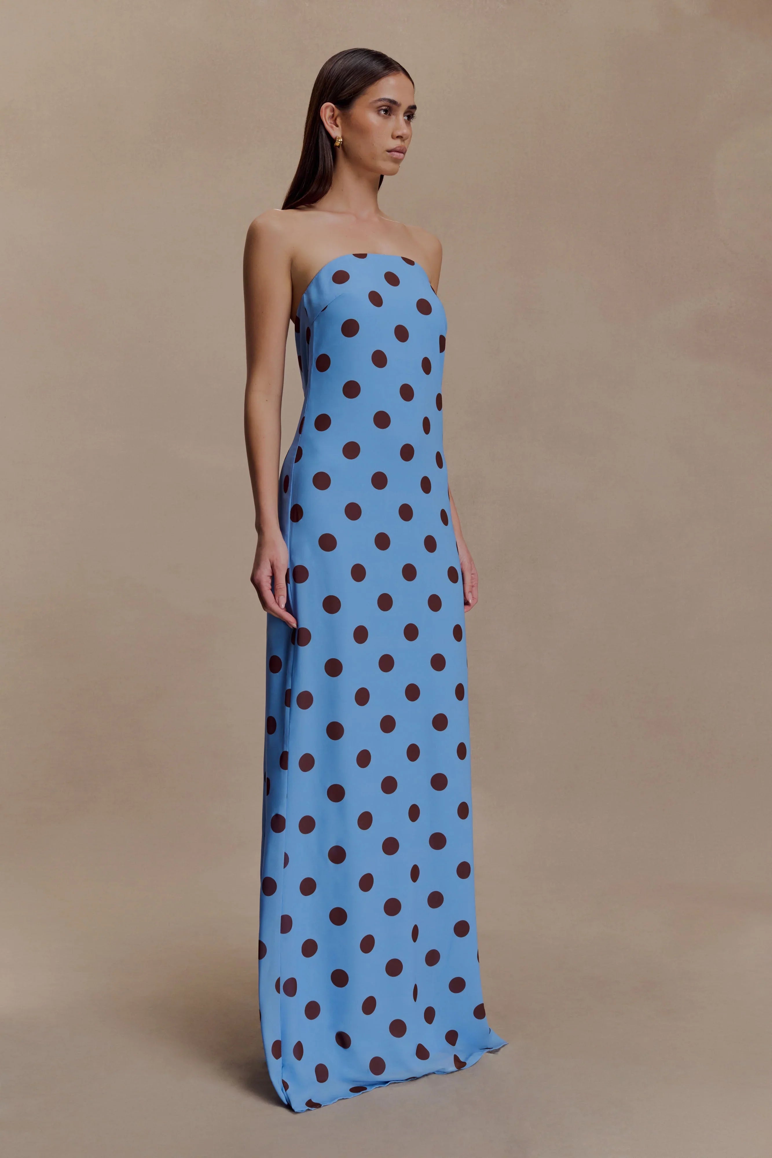 Amaya Strapless Chiffon Maxi Dress Blue Polka Dot