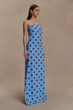 Amaya Strapless Chiffon Maxi Dress Blue Polka Dot