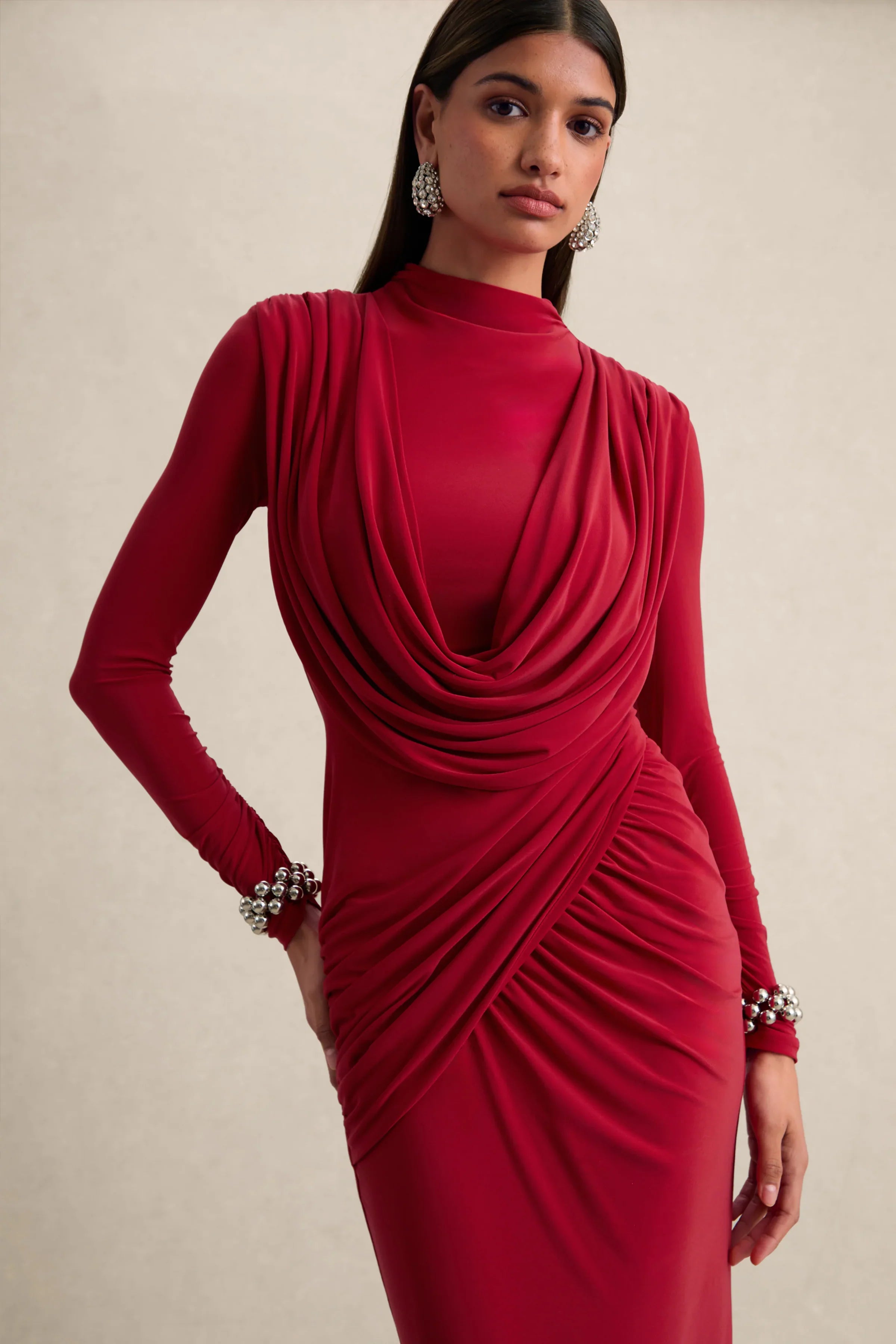 Karinthia Red High Neck Maxi Dress With Draped Detailing