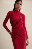 Karinthia Red High Neck Maxi Dress With Draped Detailing