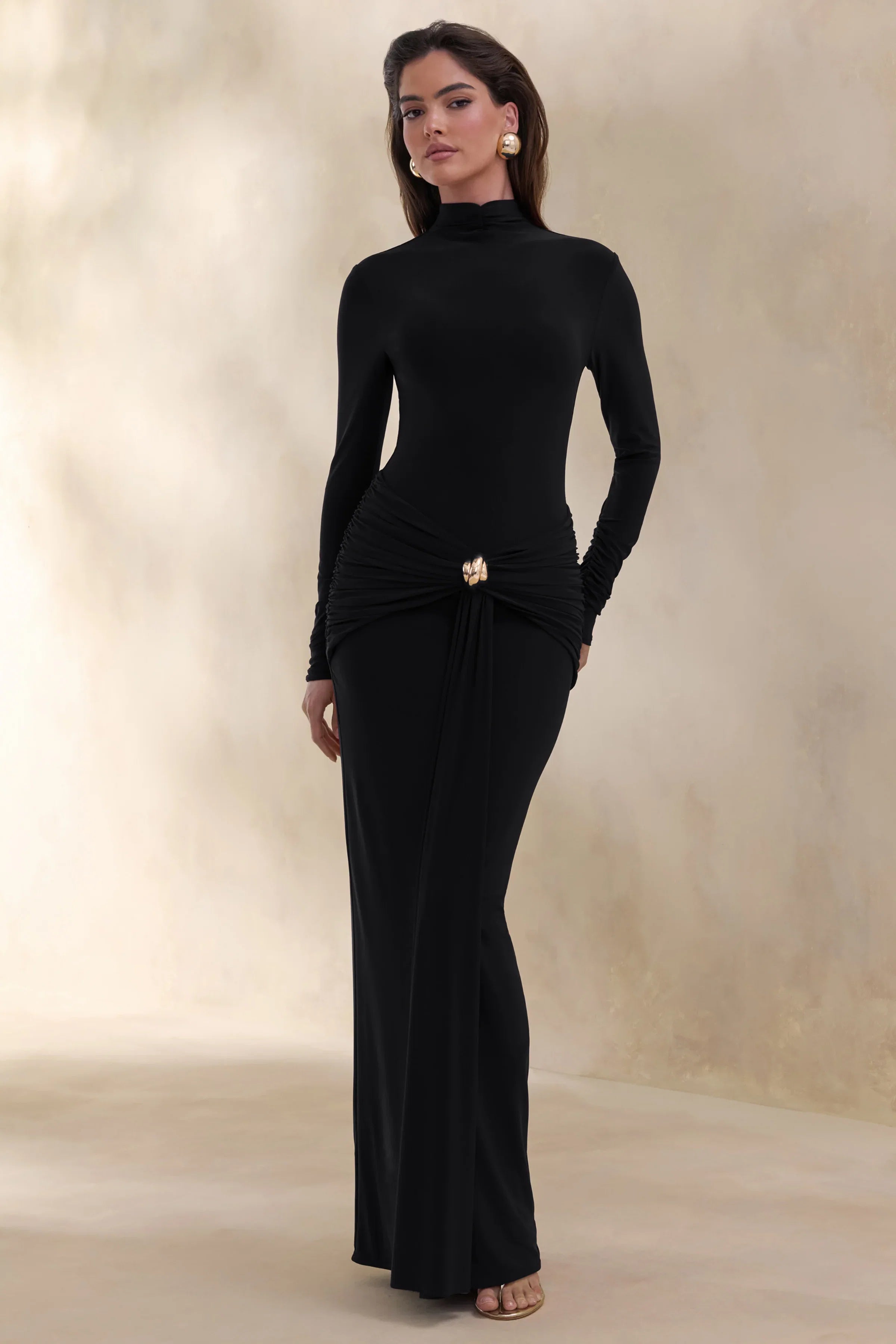 Ambrette Black High Neck Maxi Dress With Gathered Detailing