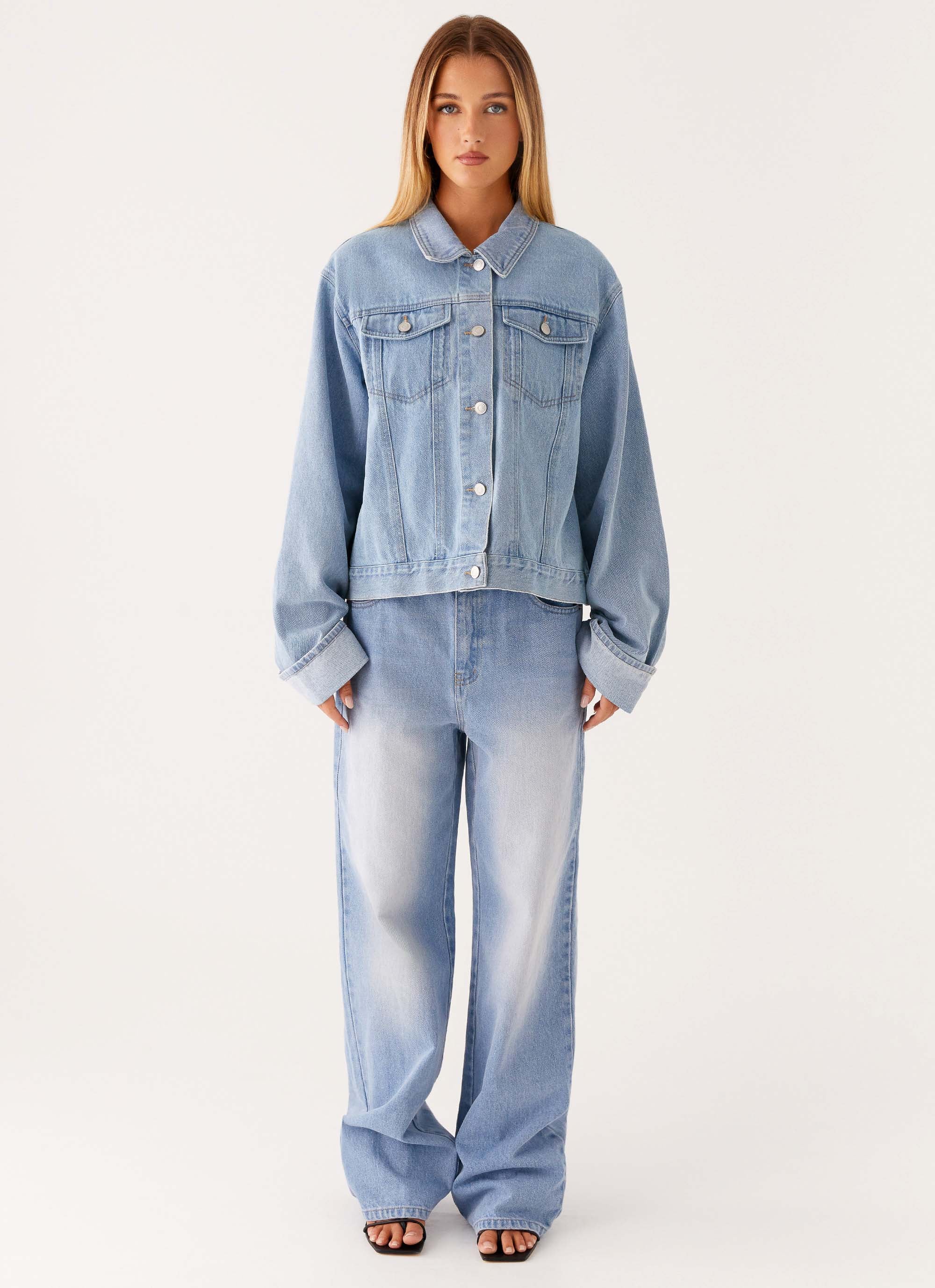 Back Again Oversized Denim Jacket Light Wash Blue