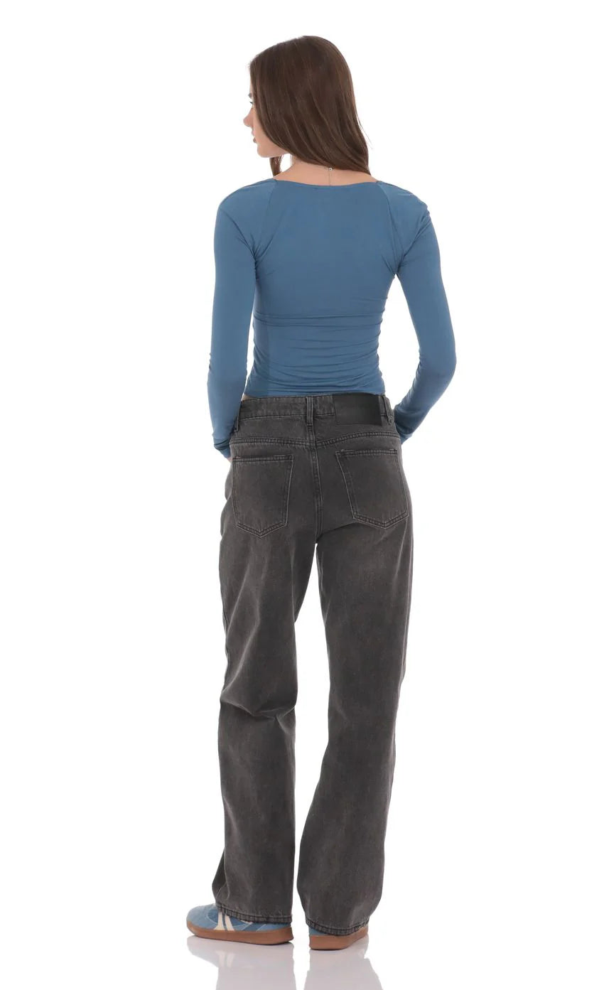 Drawstring Denim Jeans in Faded Black