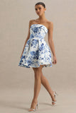 Fiorenza Blue Porcelain Print Bandeau Mini Dress With Volume Skirt